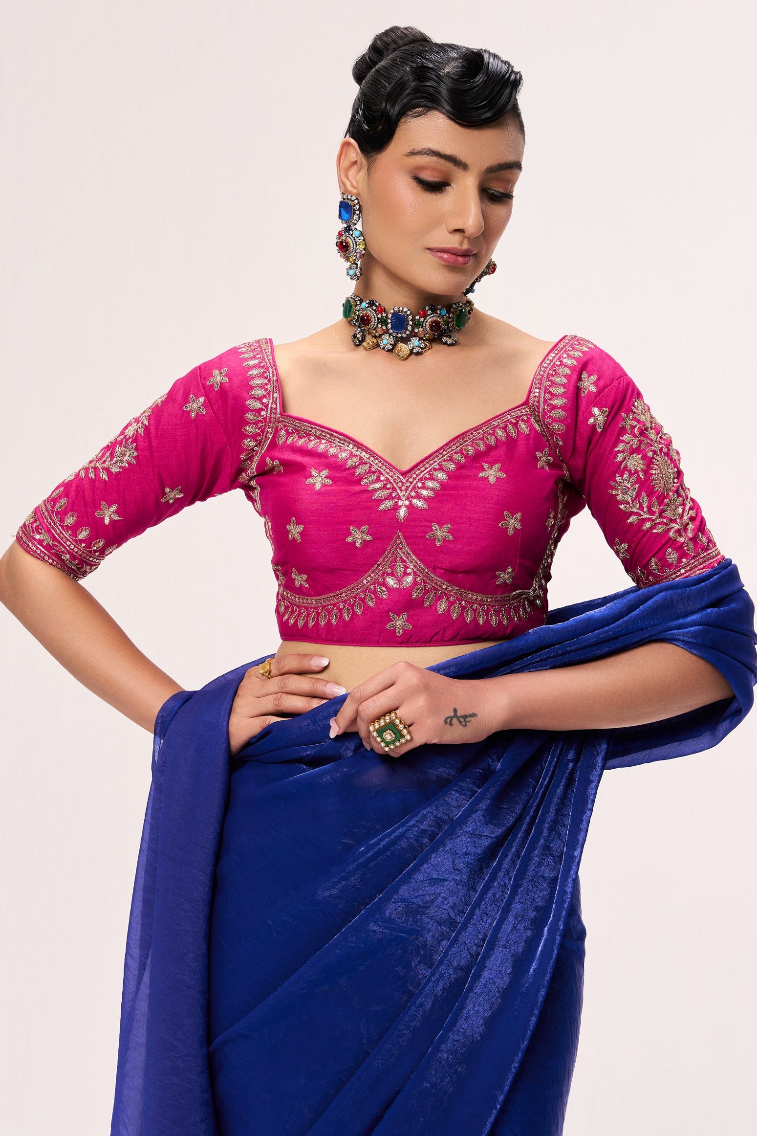 Blue Metallic Satin Saree with Sabya Embroidered Pink  Readymade Blouse