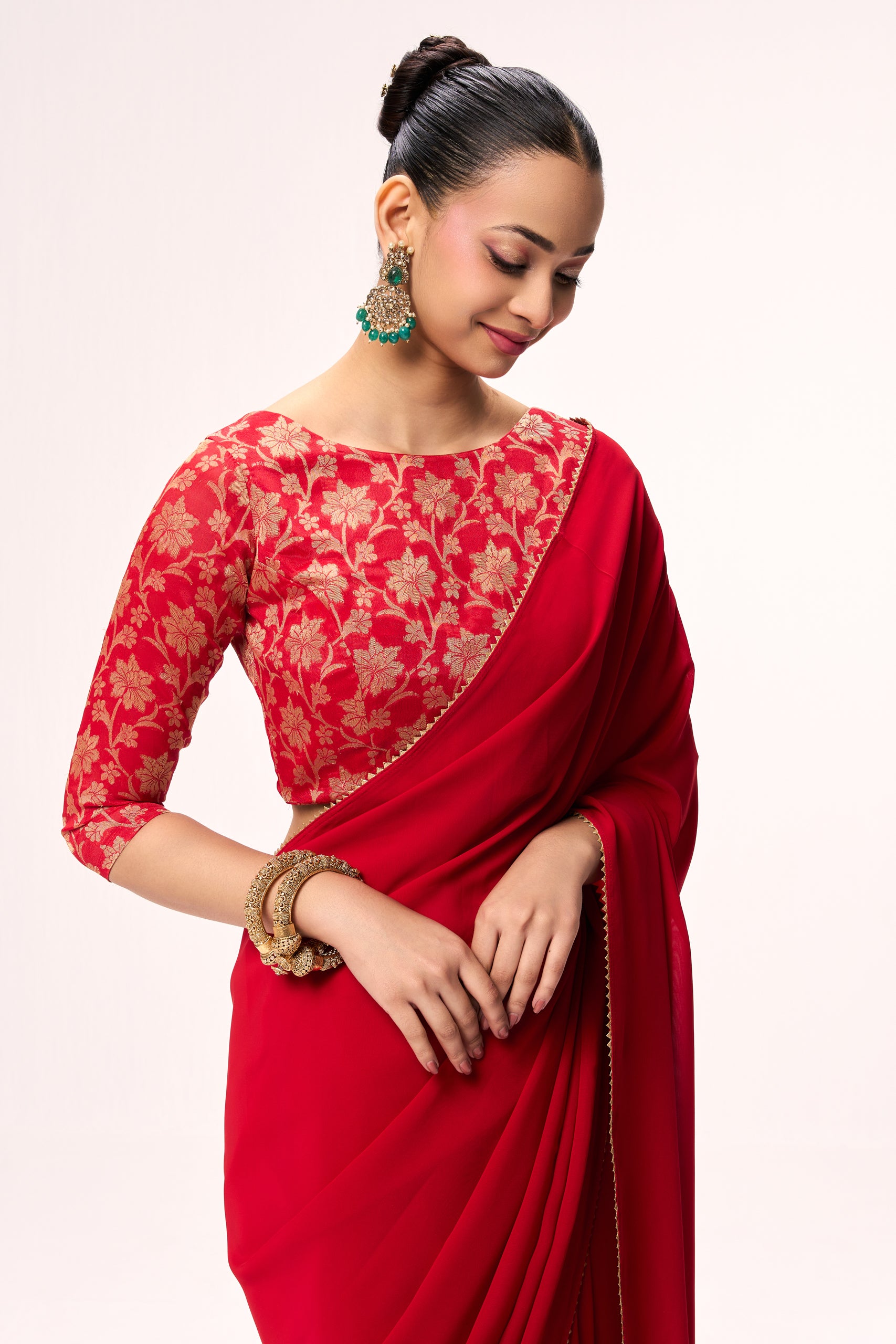 Red Drapy Georgette Saree with Jacquard Blouse Fabric