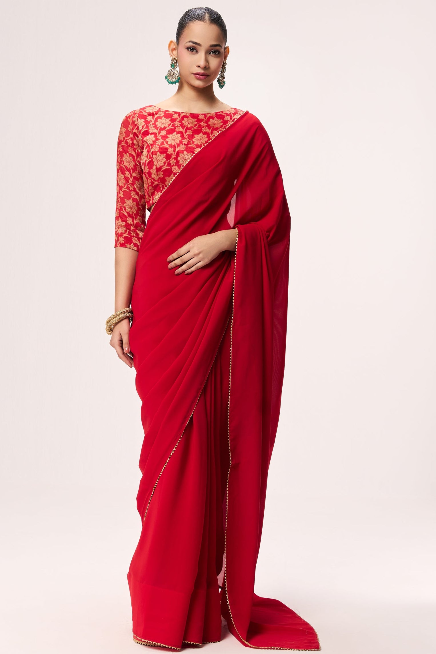 Red Drapy Georgette Saree with Jacquard Blouse Fabric