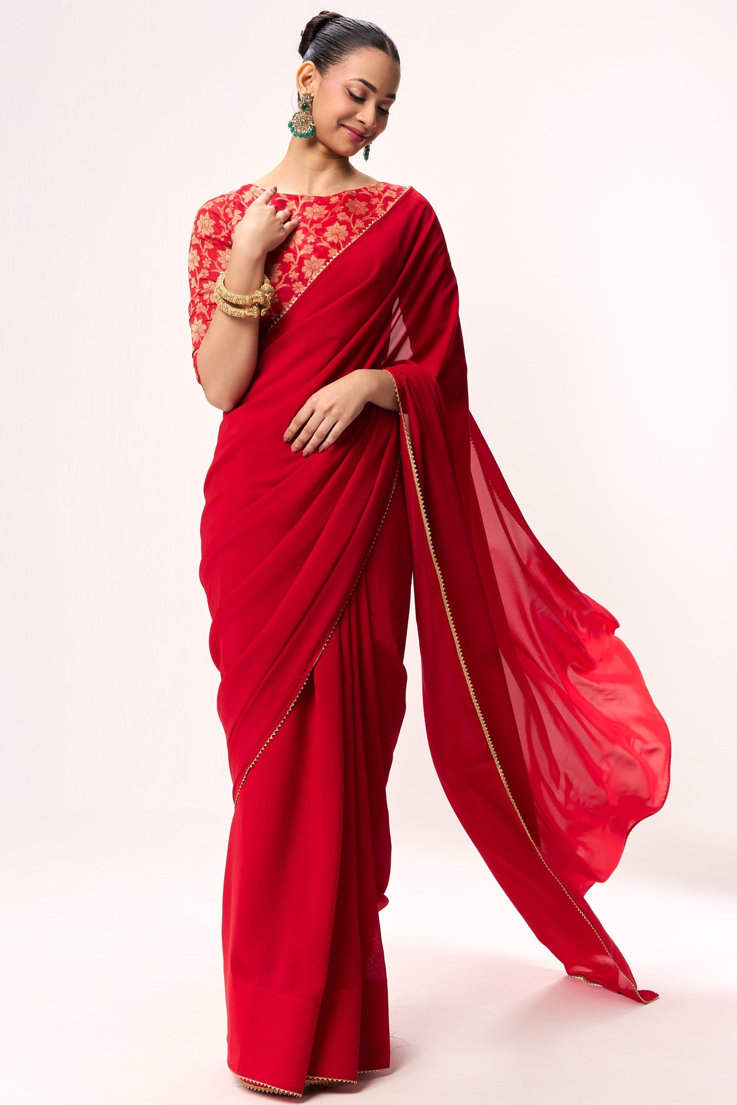 Red Drapy Georgette Saree with Jacquard Blouse Fabric