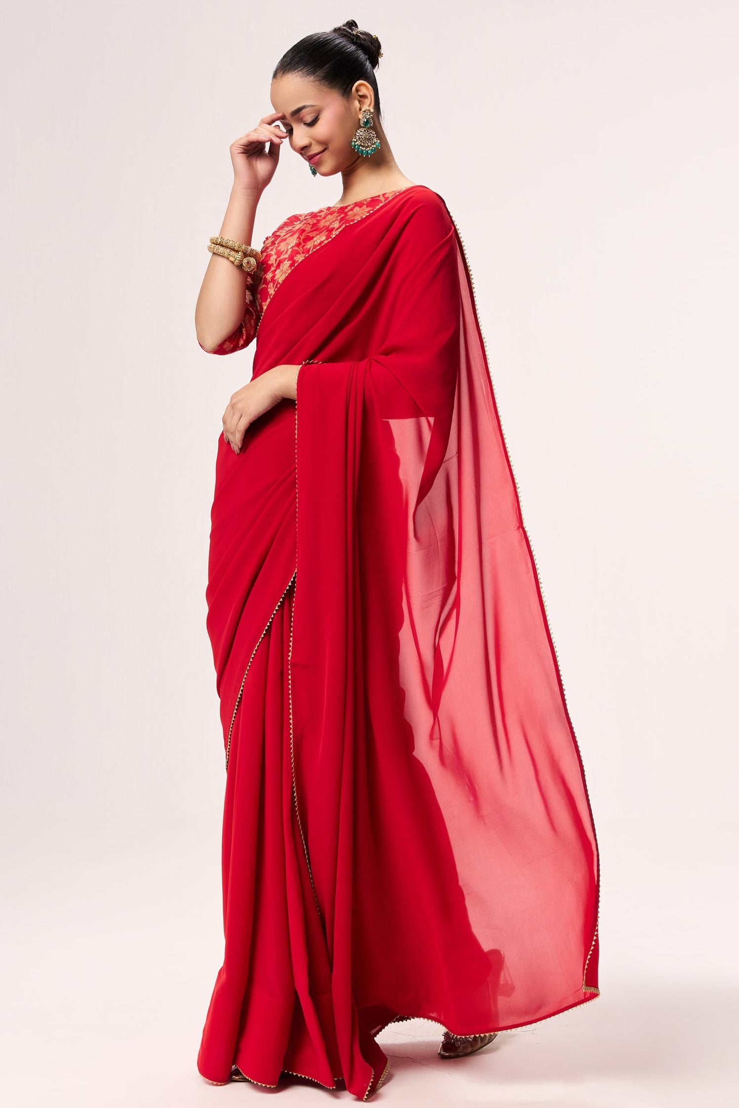 Red Drapy Georgette Saree with Jacquard Blouse Fabric