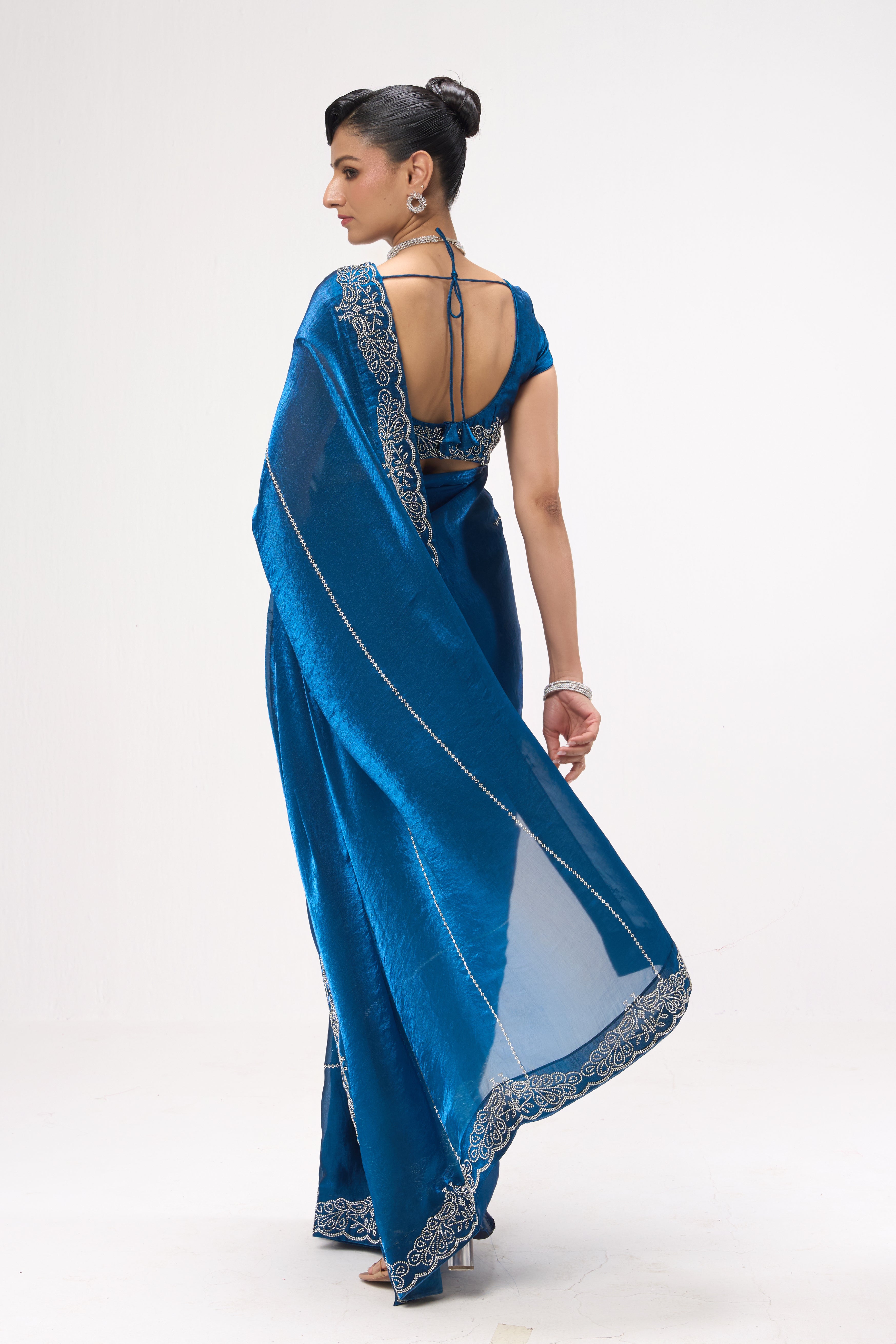 Real Deal Bright Blue Diamonds Metallic Satin Saree with Blouse Fabric