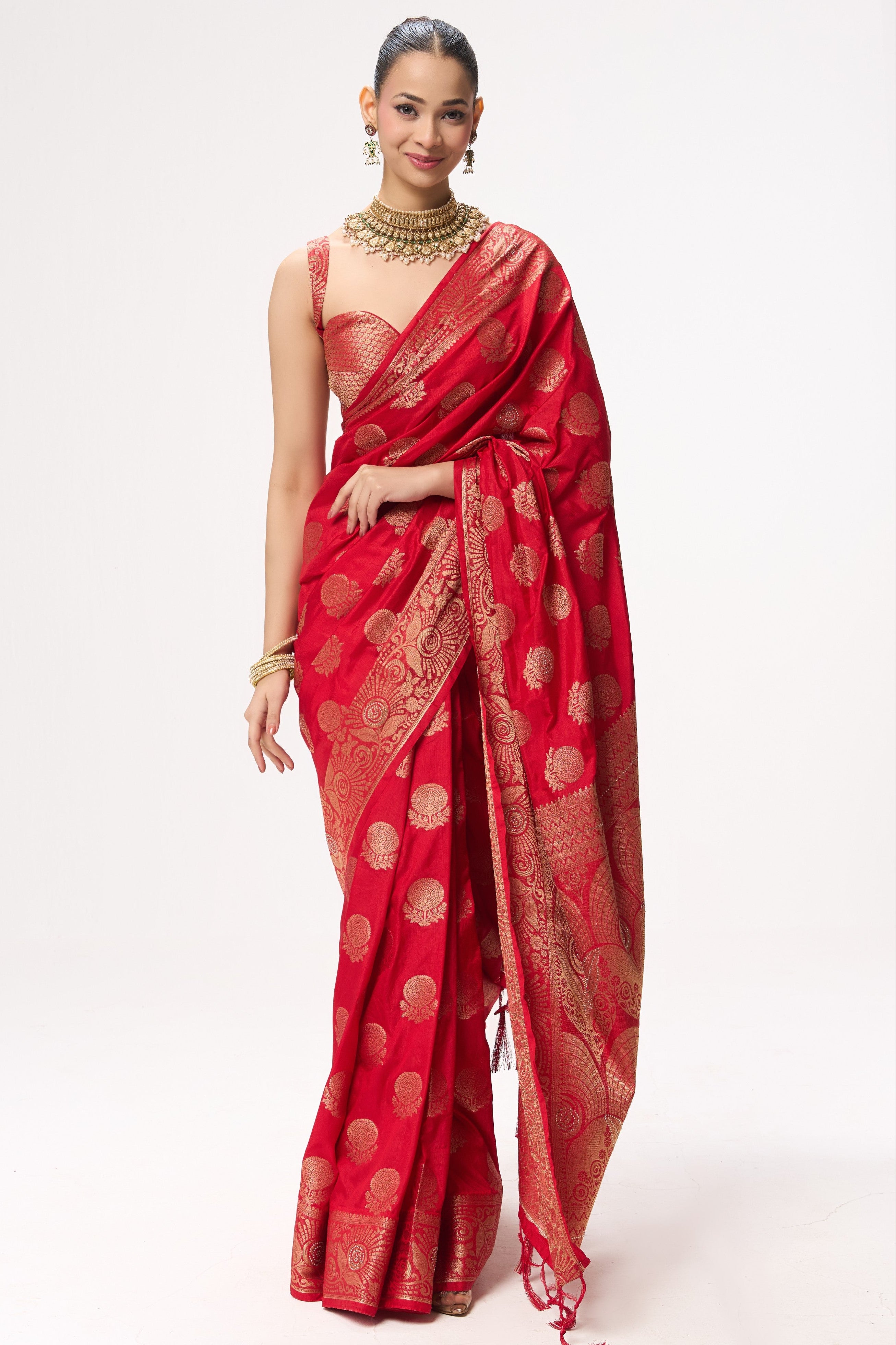 Red Banarasi Silk Blend Saree with Blouse Fabric