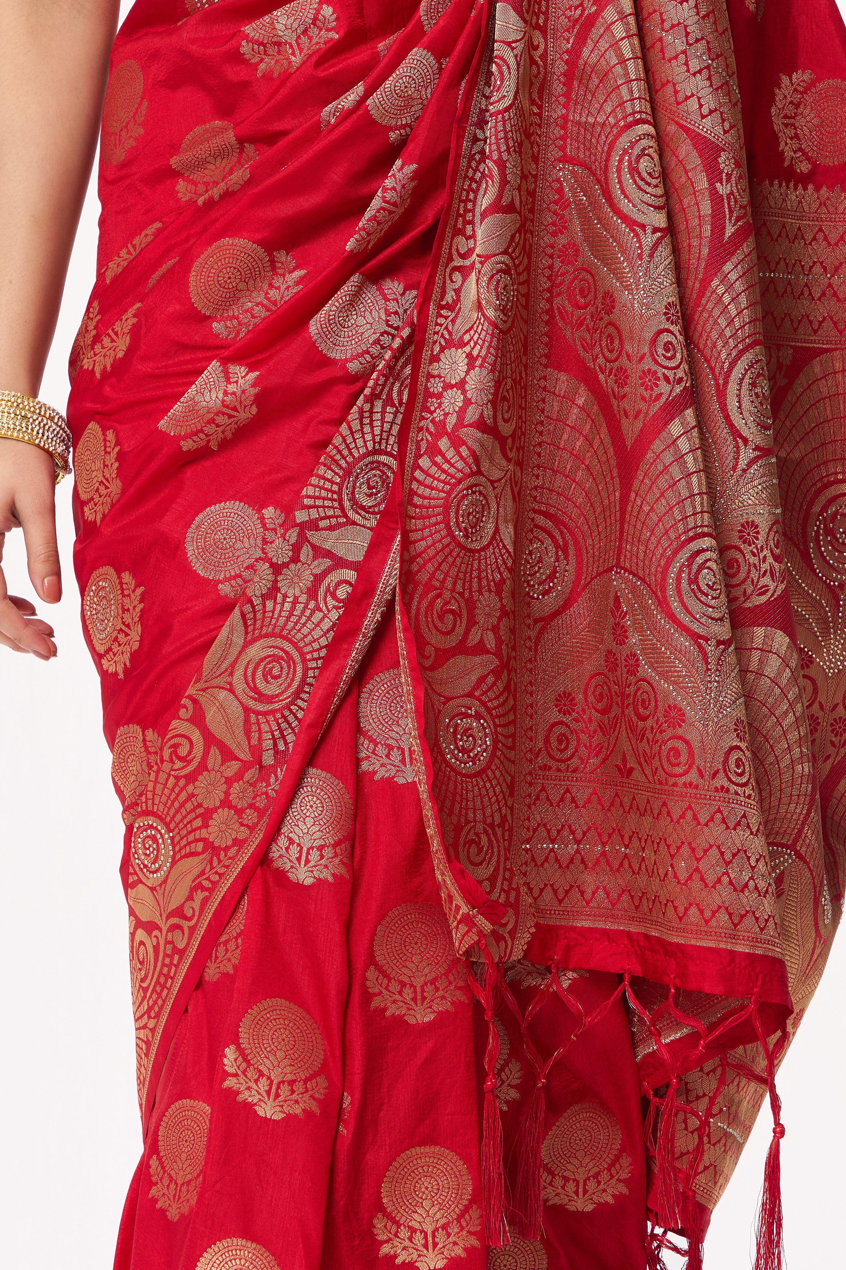 Red Banarasi Silk Blend Saree with Blouse Fabric