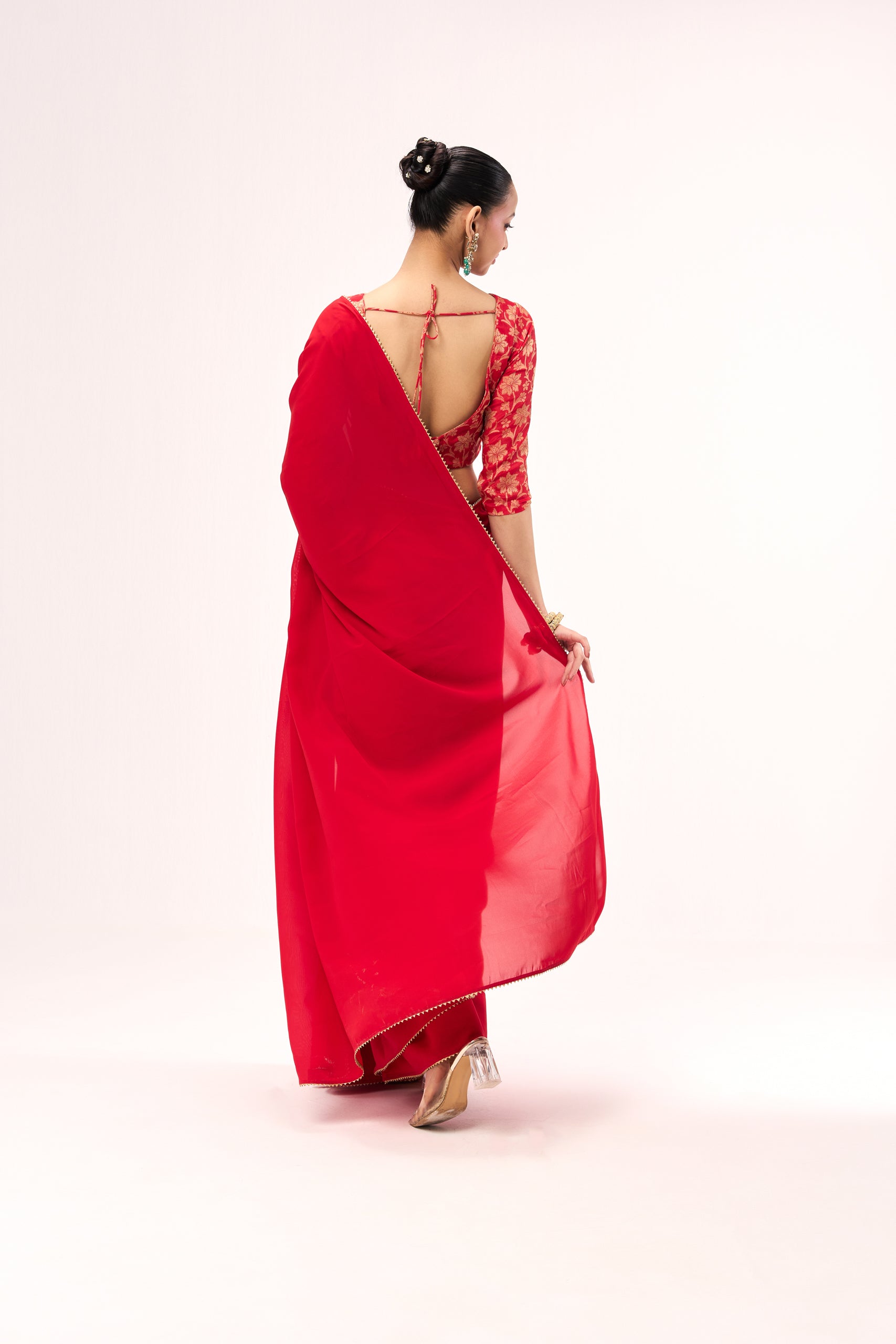 Red Drapy Georgette Saree with Jacquard Blouse Fabric