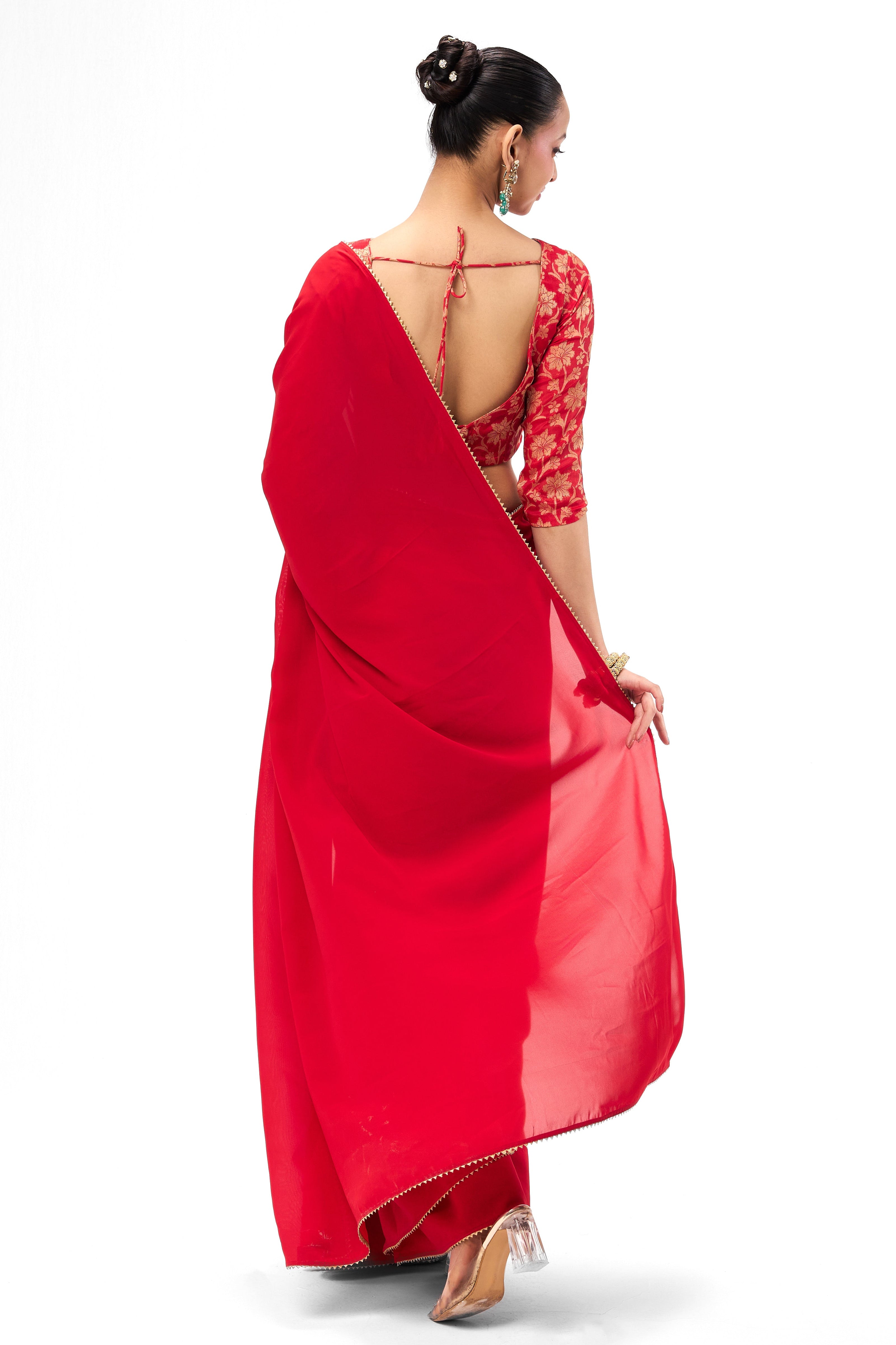 Red Drapy Georgette Saree with Jacquard Blouse Fabric