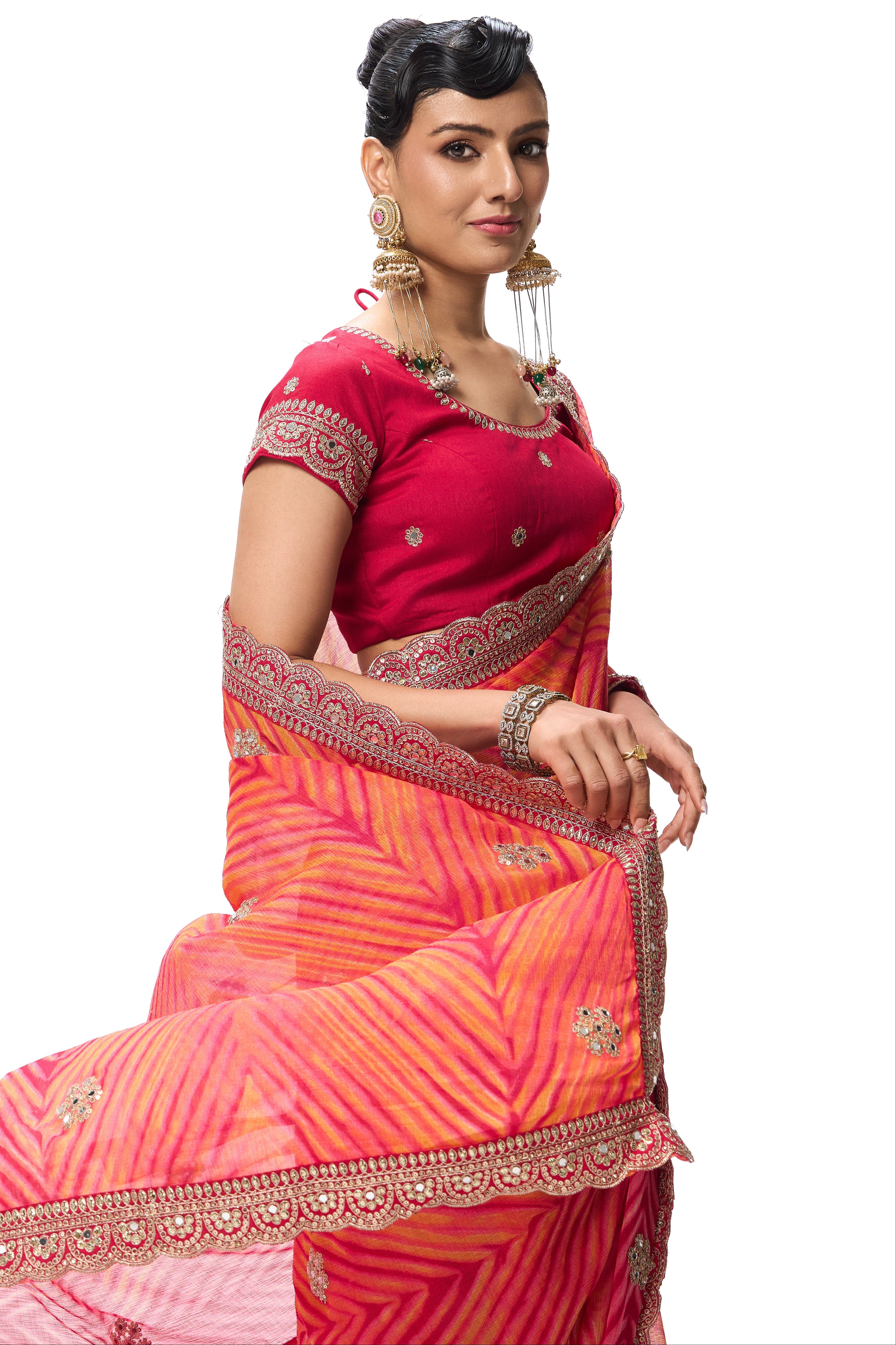 Pink Yellow Leheriya Chiffon Saree with Embroidered Border with Mirrors and Blouse Fabric