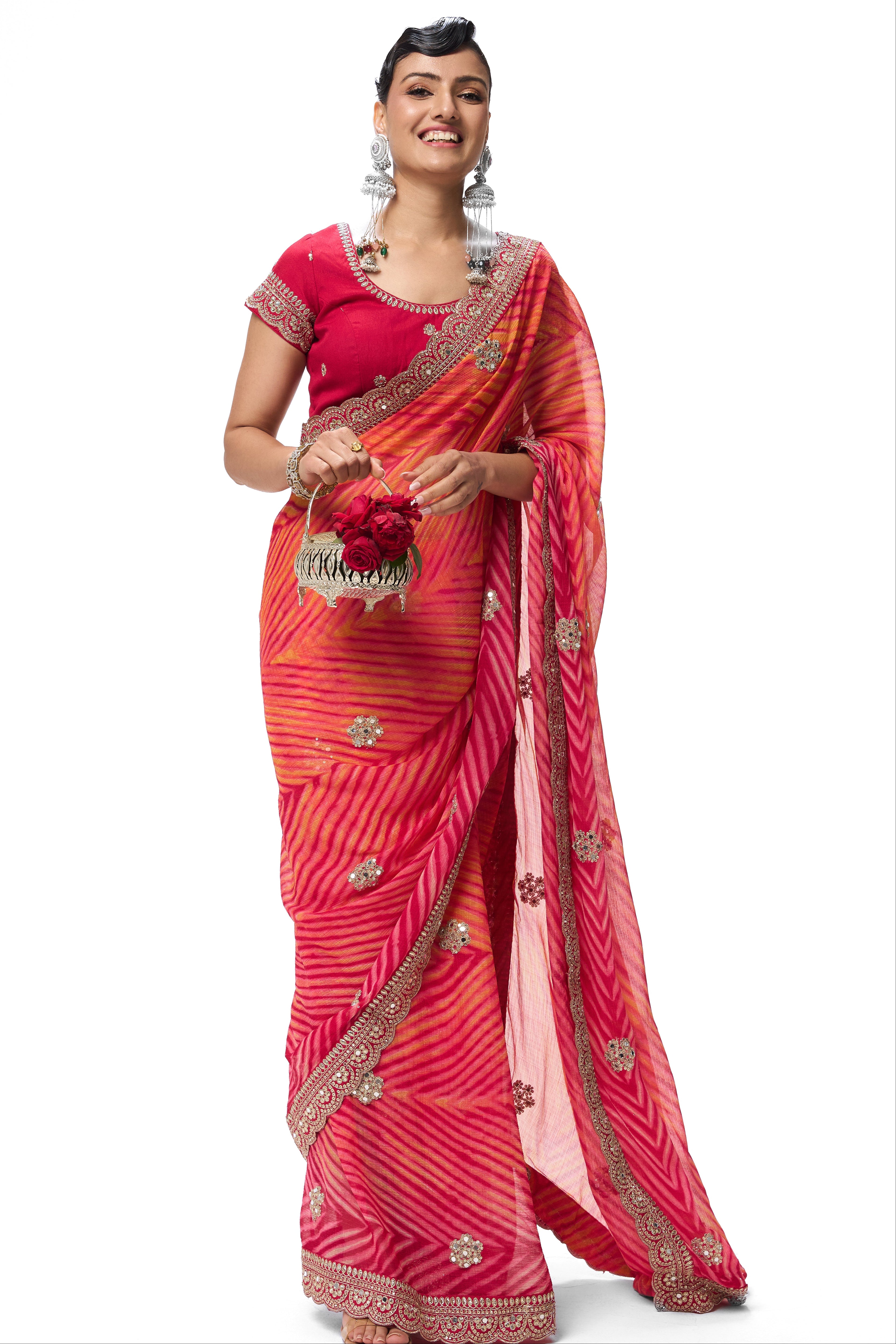 Pink Yellow Leheriya Chiffon Saree with Embroidered Border with Mirrors and Blouse Fabric