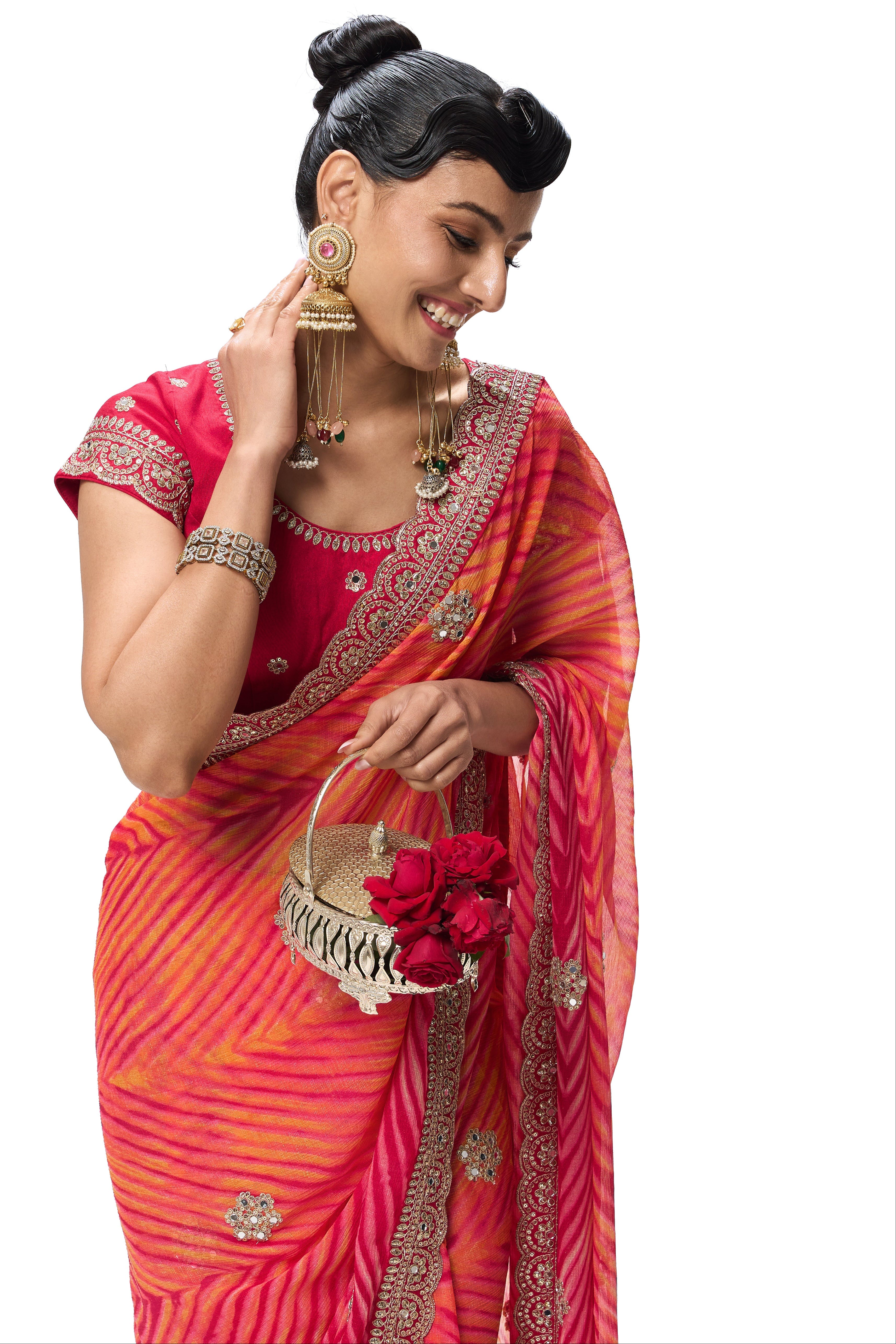 Pink Yellow Leheriya Chiffon Saree with Embroidered Border with Mirrors and Blouse Fabric
