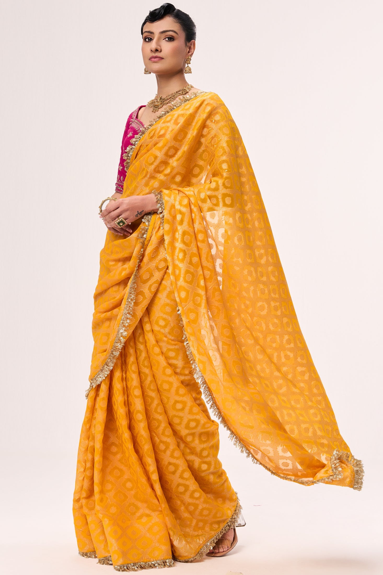 Woven Georgette Saree with Embroidered Ready-to-Wear Blouse