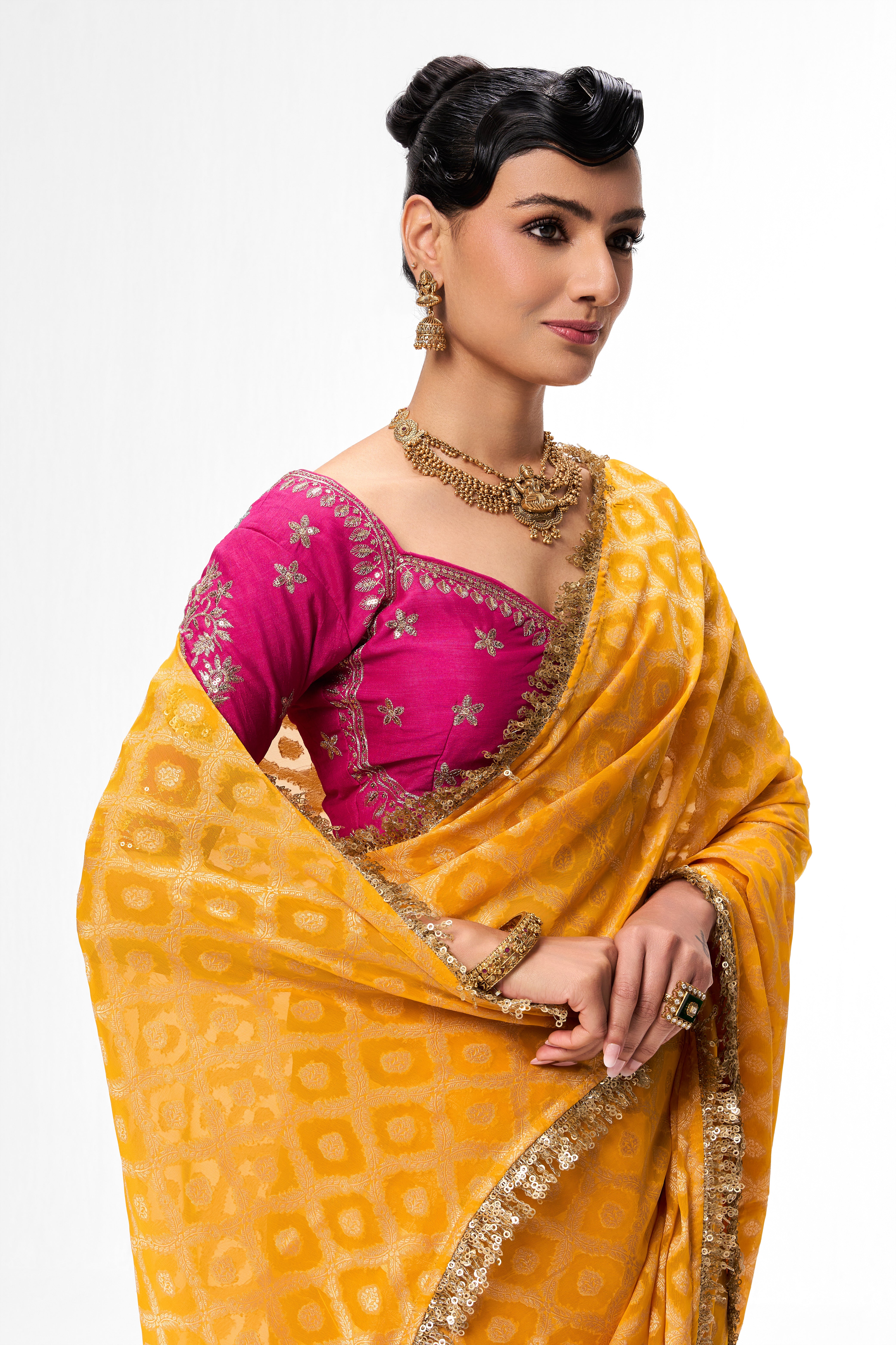 Woven Yellow Georgette Saree with Pink Embroidered Ready-to-Wear Blouse