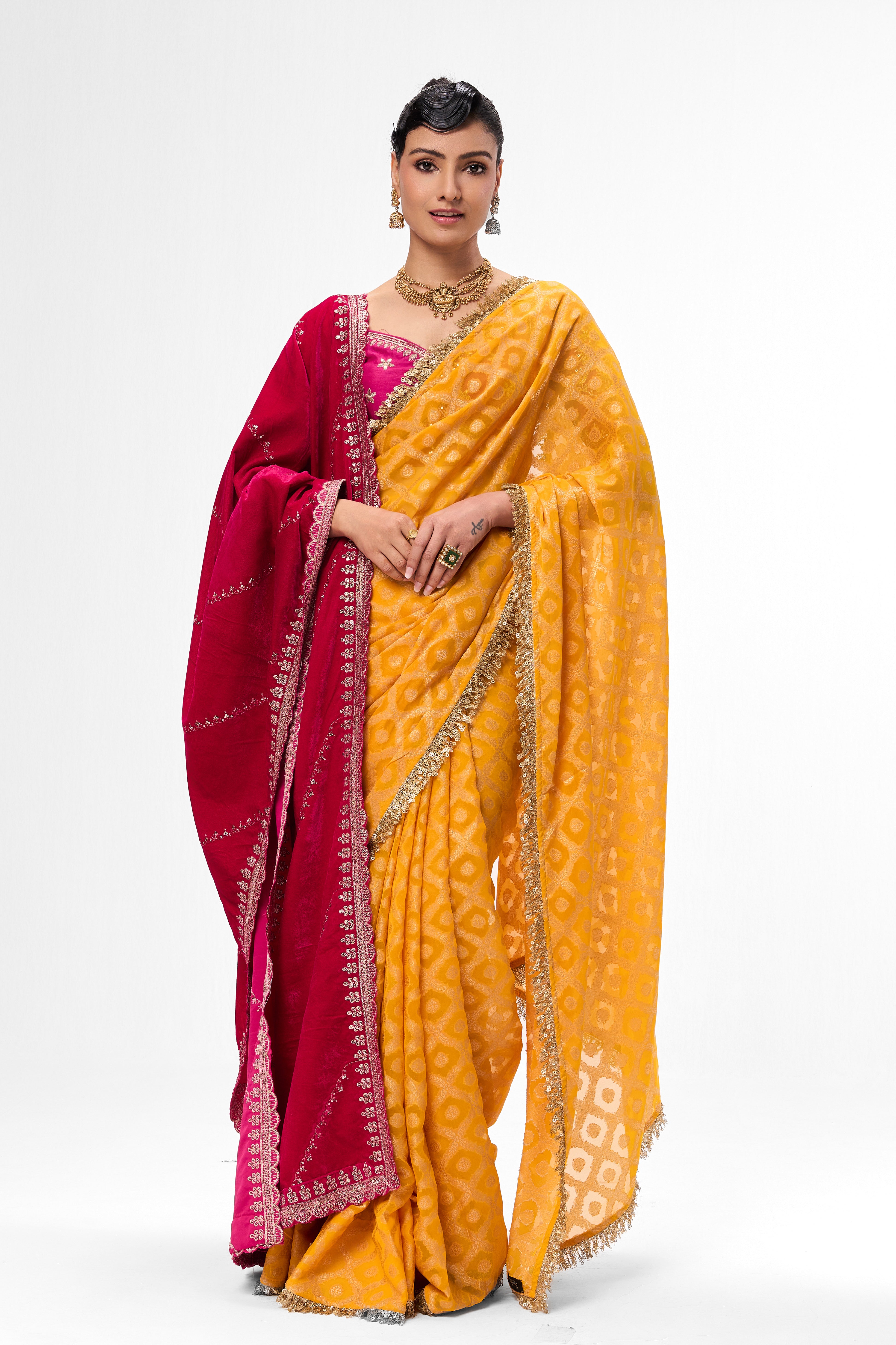 Woven Yellow Georgette Saree with Pink Embroidered Ready-to-Wear Blouse