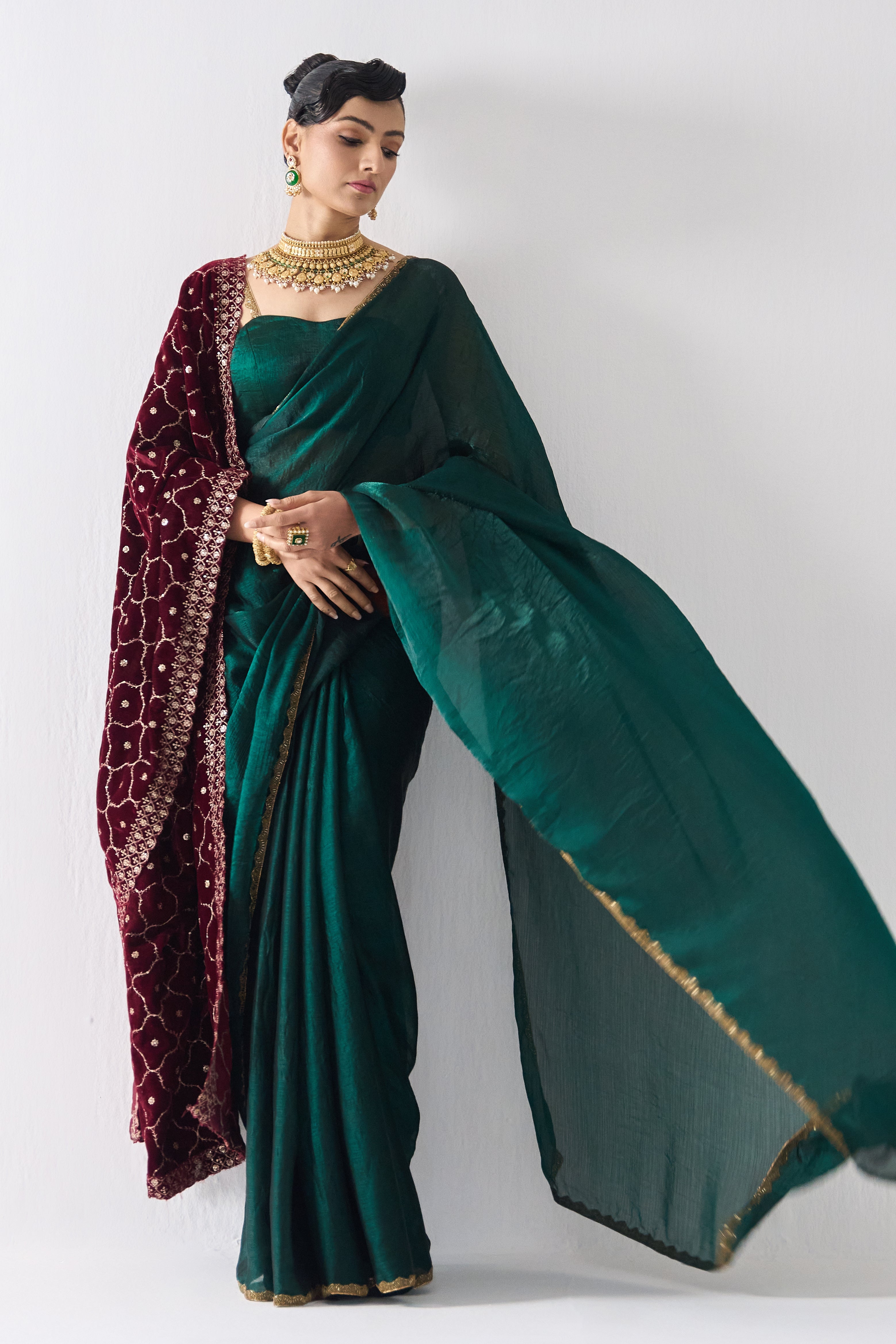 Green Gold Border Metallic Satin Saree with Blouse Fabric