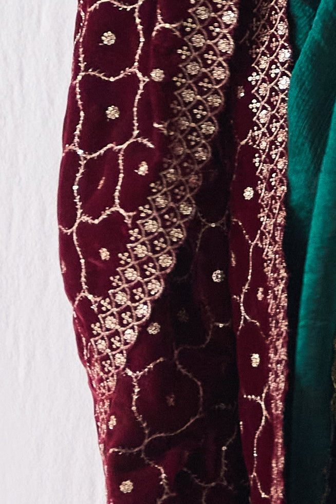 Maroon Jaal Embroidered Velvet Shawl