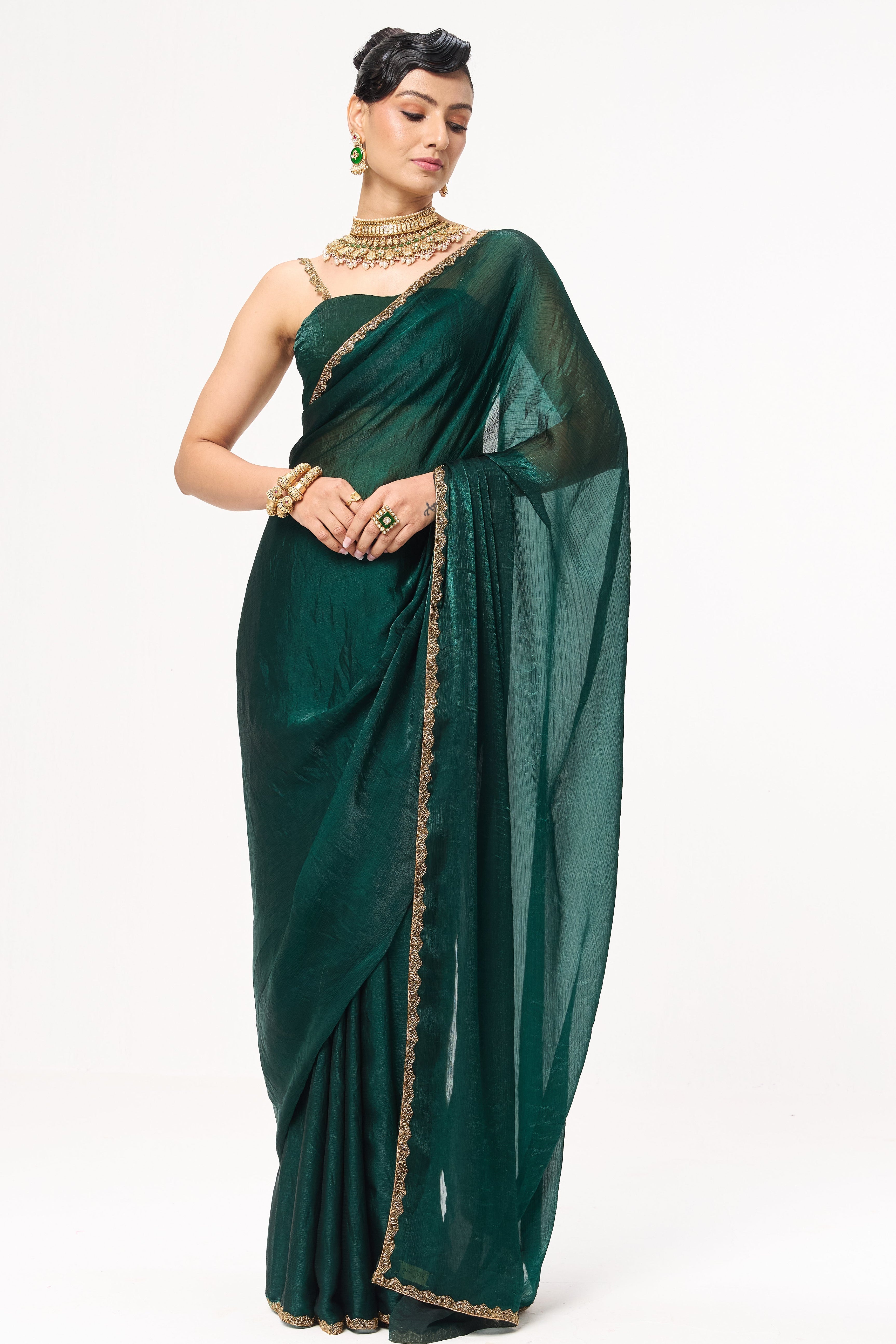 Green Gold Border Metallic Satin Saree with Blouse Fabric