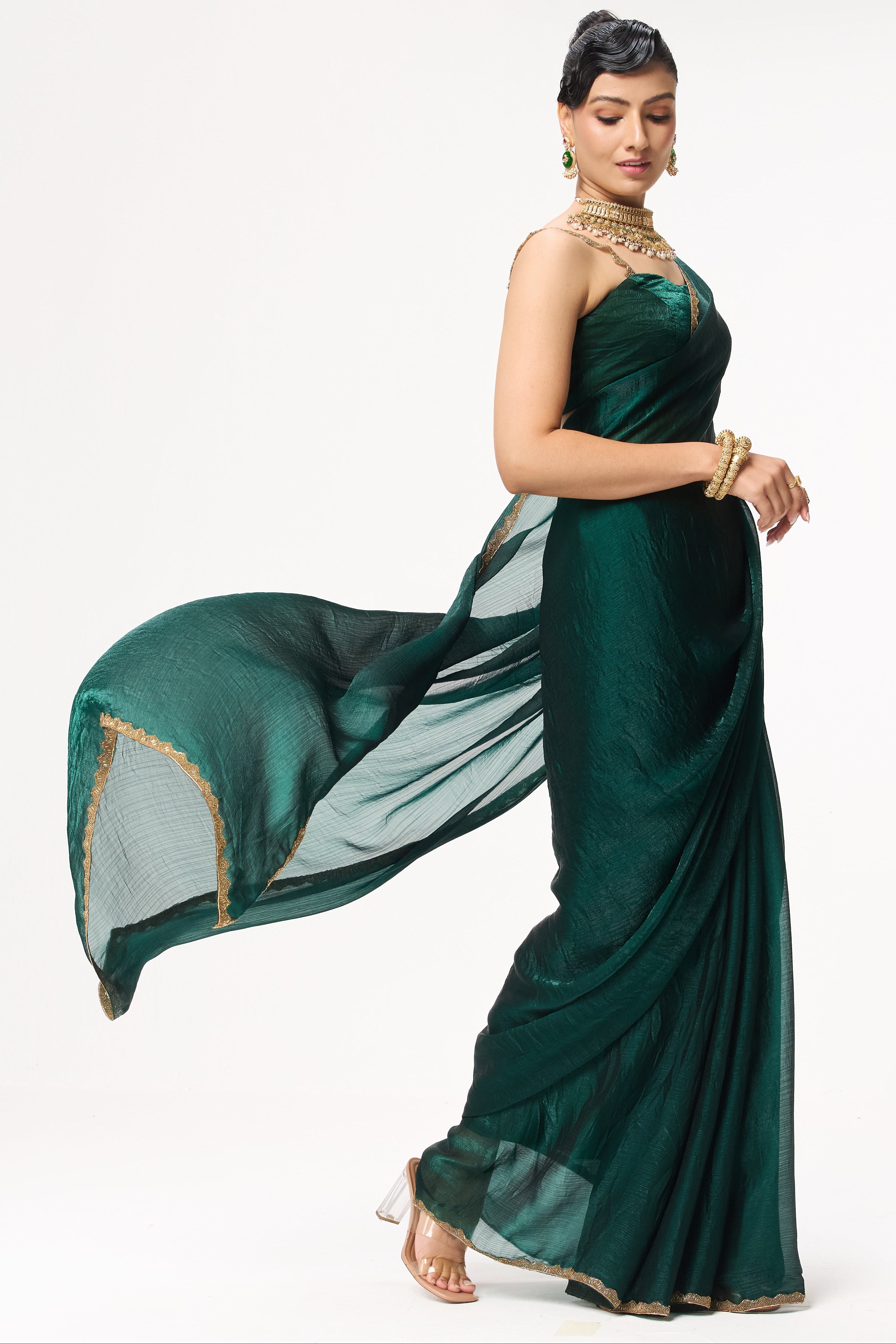 Green Gold Border Metallic Satin Saree with Blouse Fabric