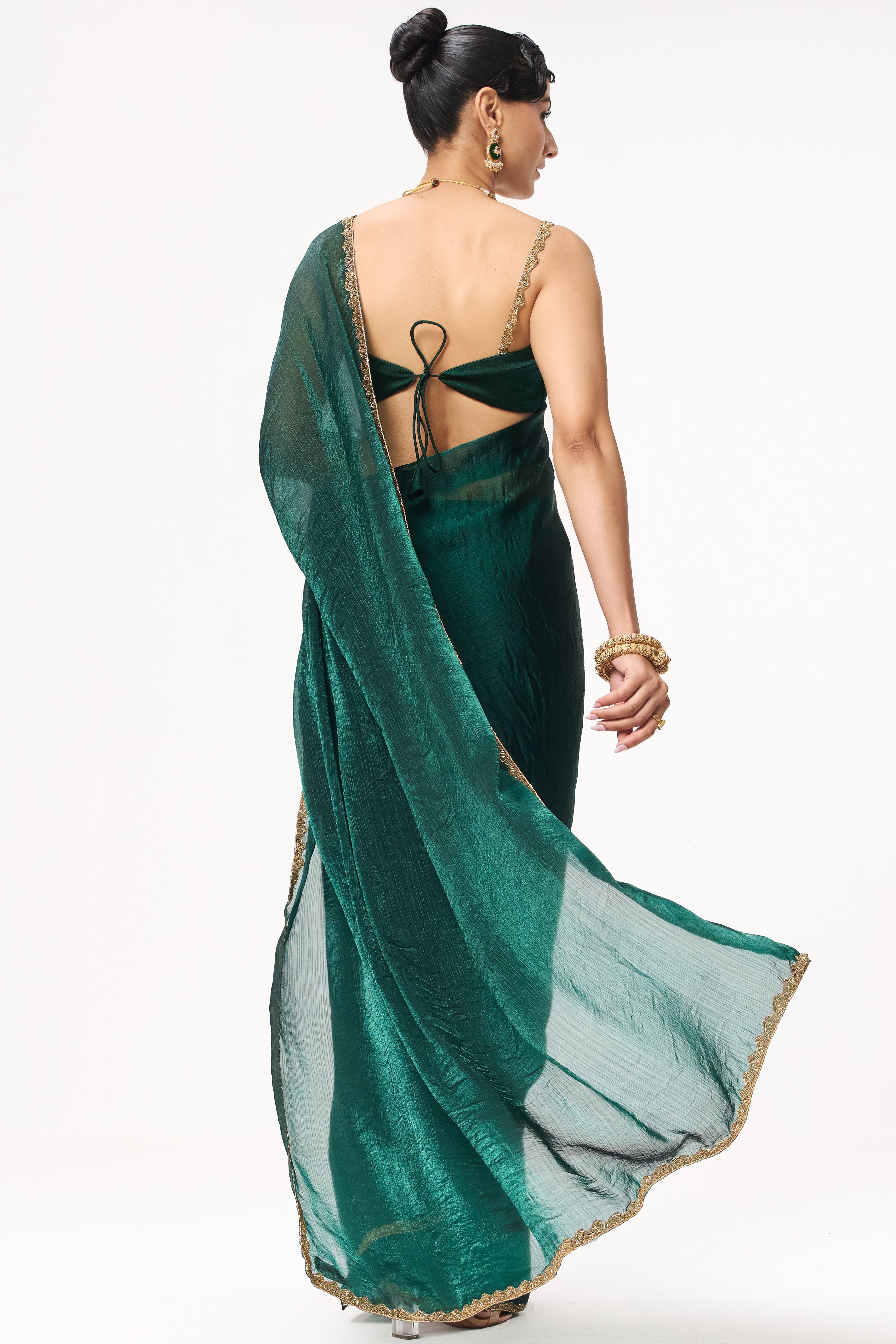 Green Gold Border Metallic Satin Saree with Blouse Fabric