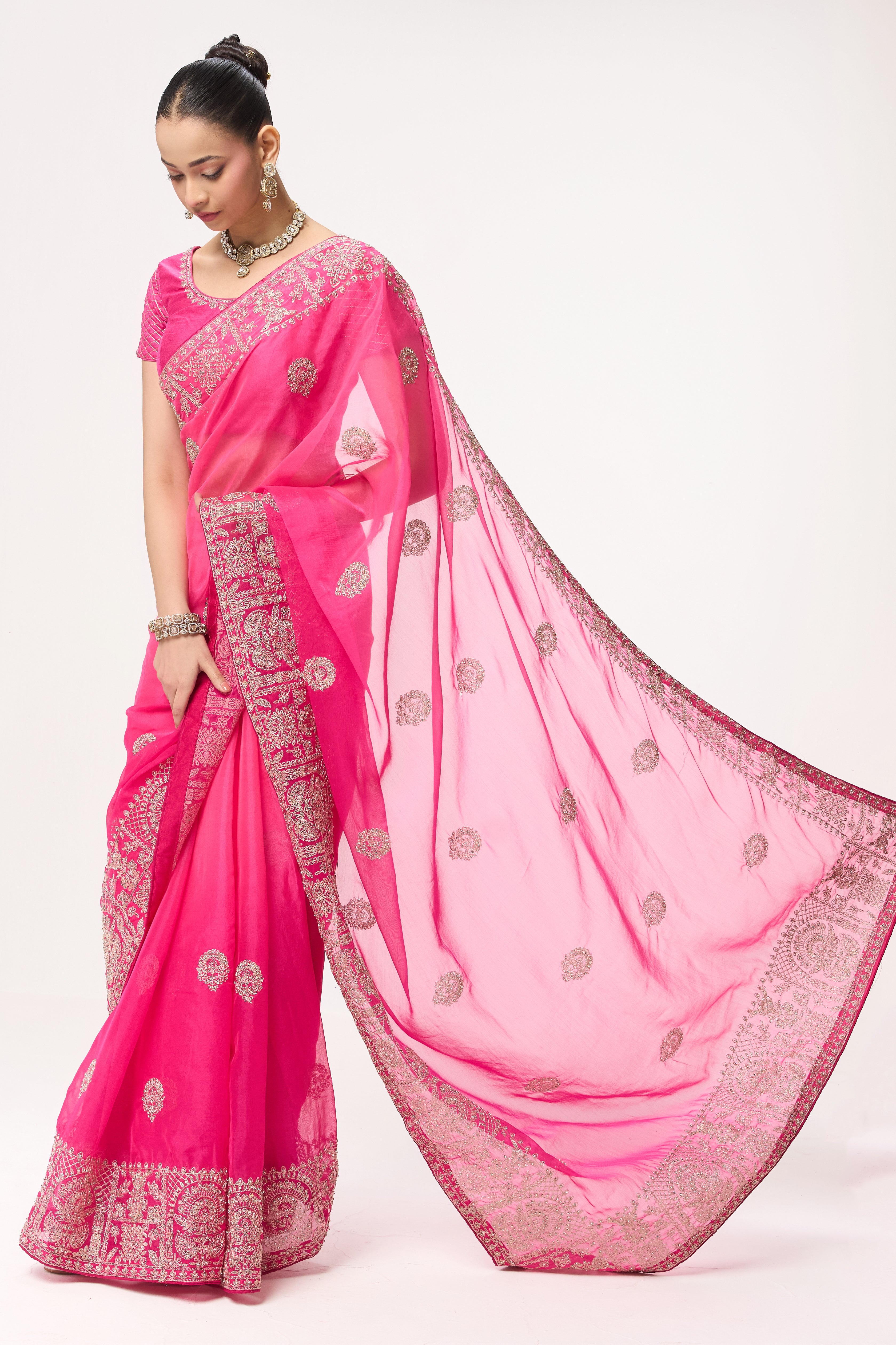 Pink Ombre Chiffon Saree with Embroidered Border and Blouse Fabric