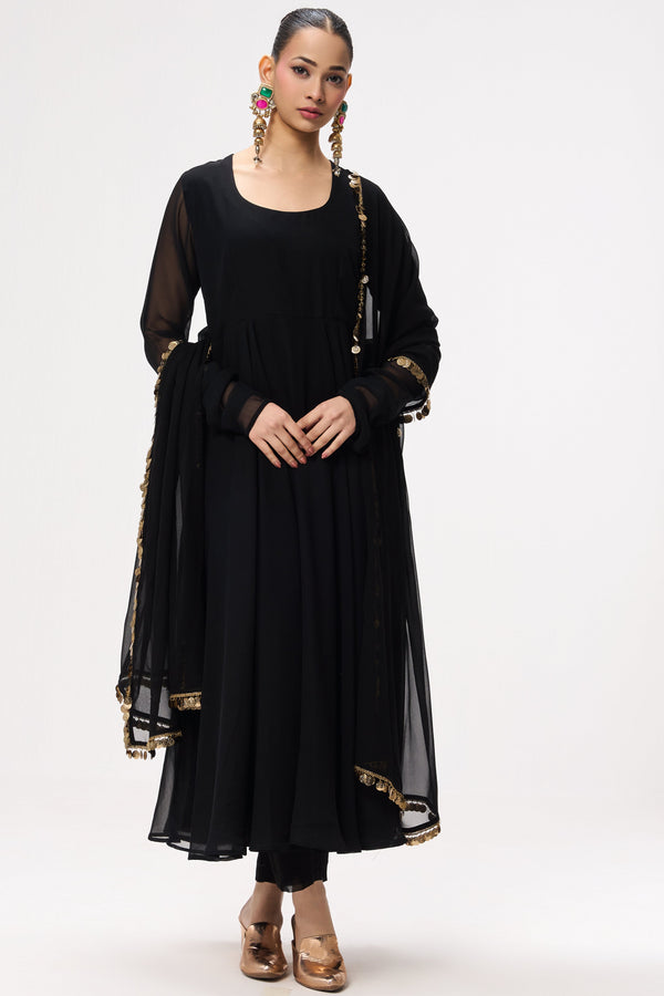 3 pc Suit Set - Black Magic Georgette Long Sleeve Anarkali Suit with Pants and Dupatta