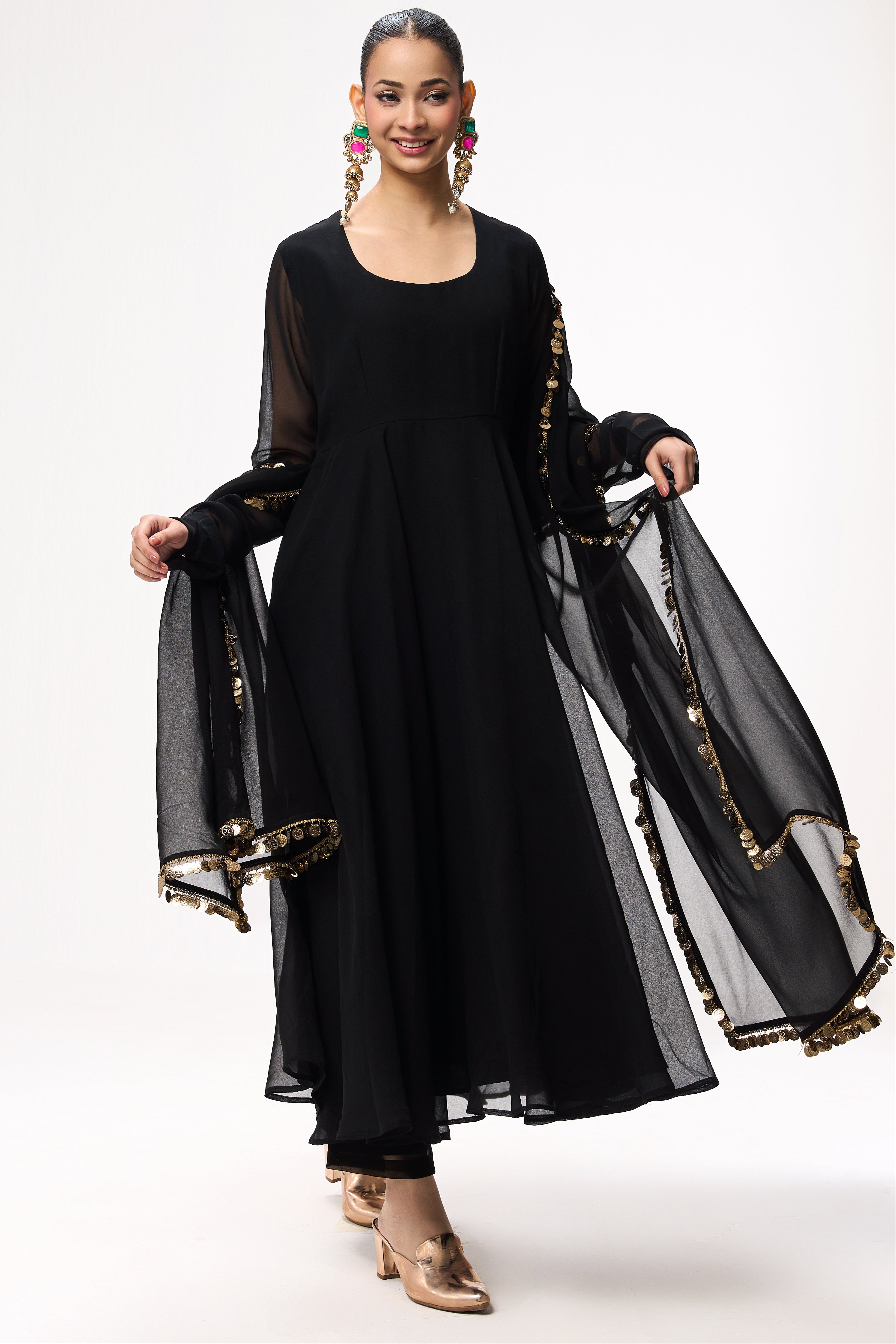 3 pc Suit Set - Black Magic Georgette Long Sleeve Anarkali Suit with Pants and Dupatta