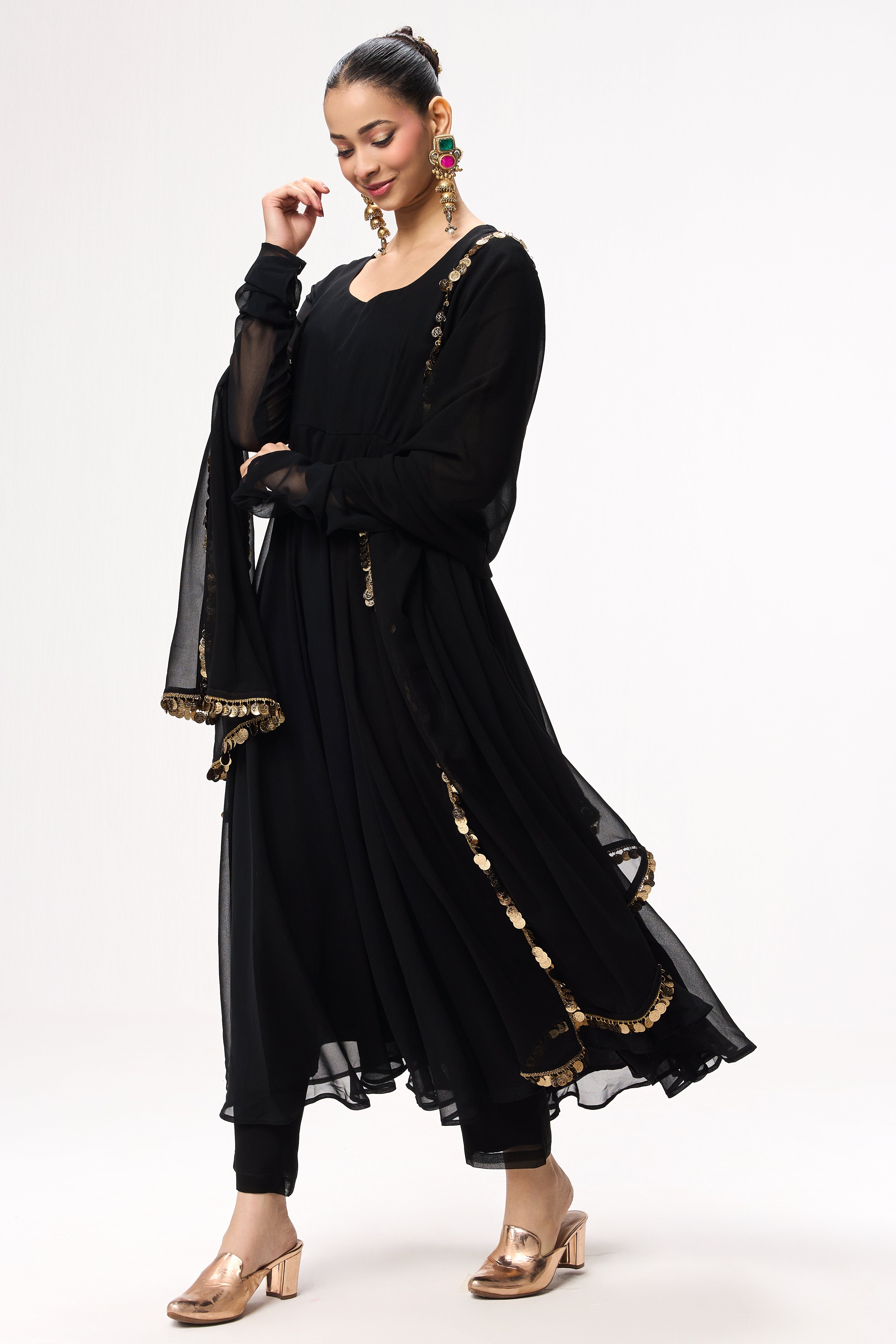 3 pc Suit Set - Black Magic Georgette Long Sleeve Anarkali Suit with Pants and Dupatta