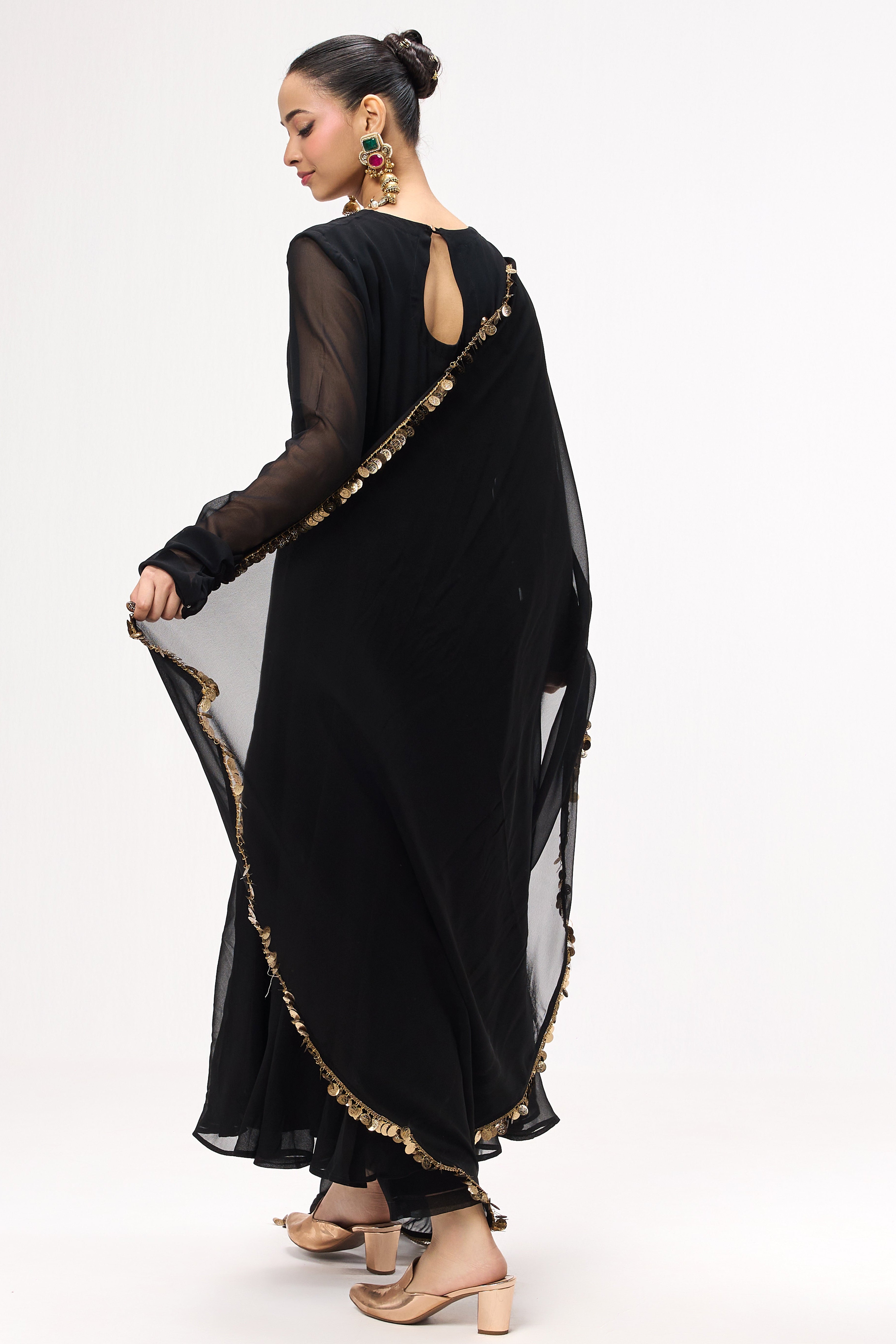 3 pc Suit Set - Black Magic Georgette Long Sleeve Anarkali Suit with Pants and Dupatta