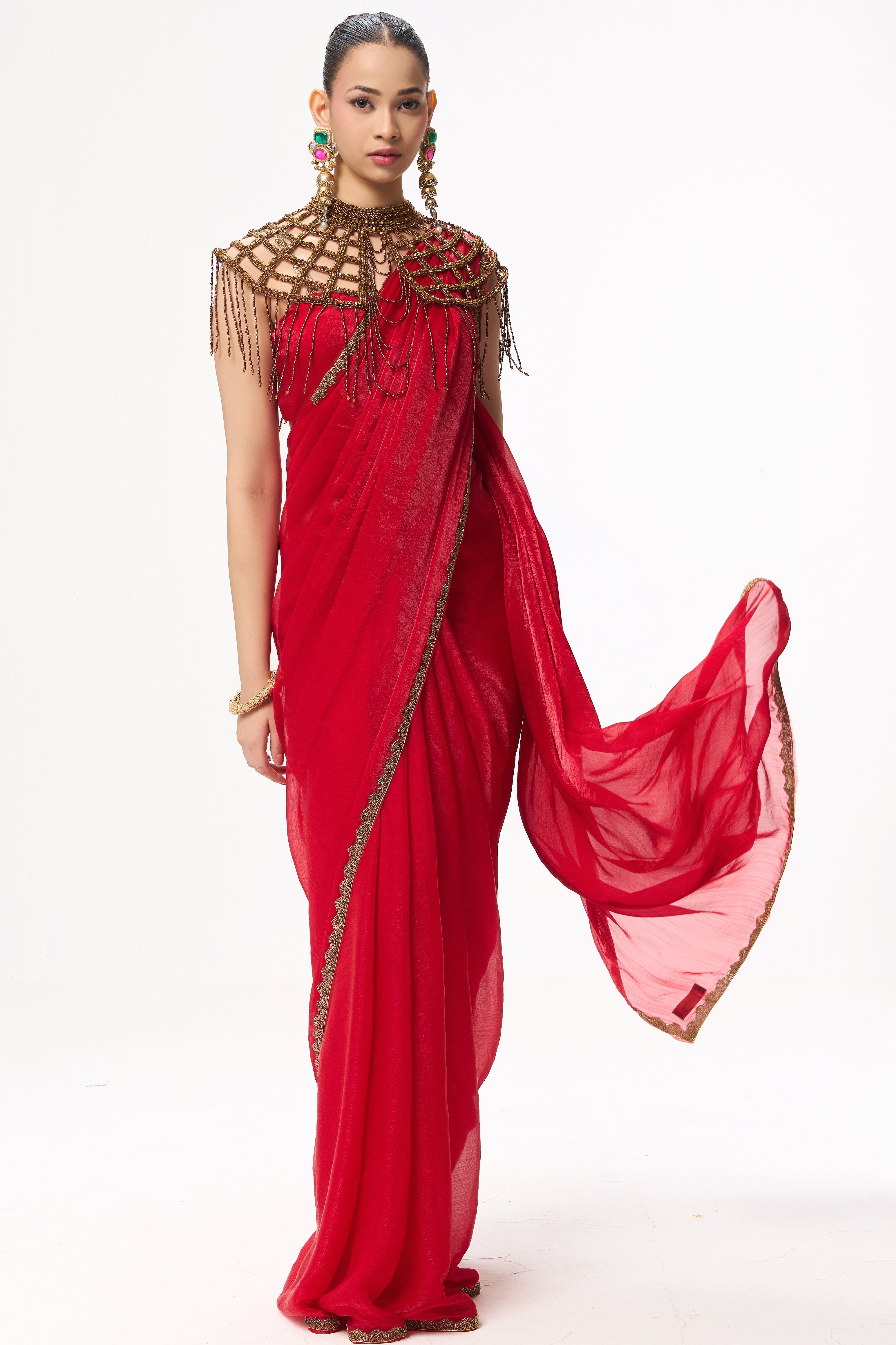 Red Gold Border Metallic Satin Saree with Blouse Fabric
