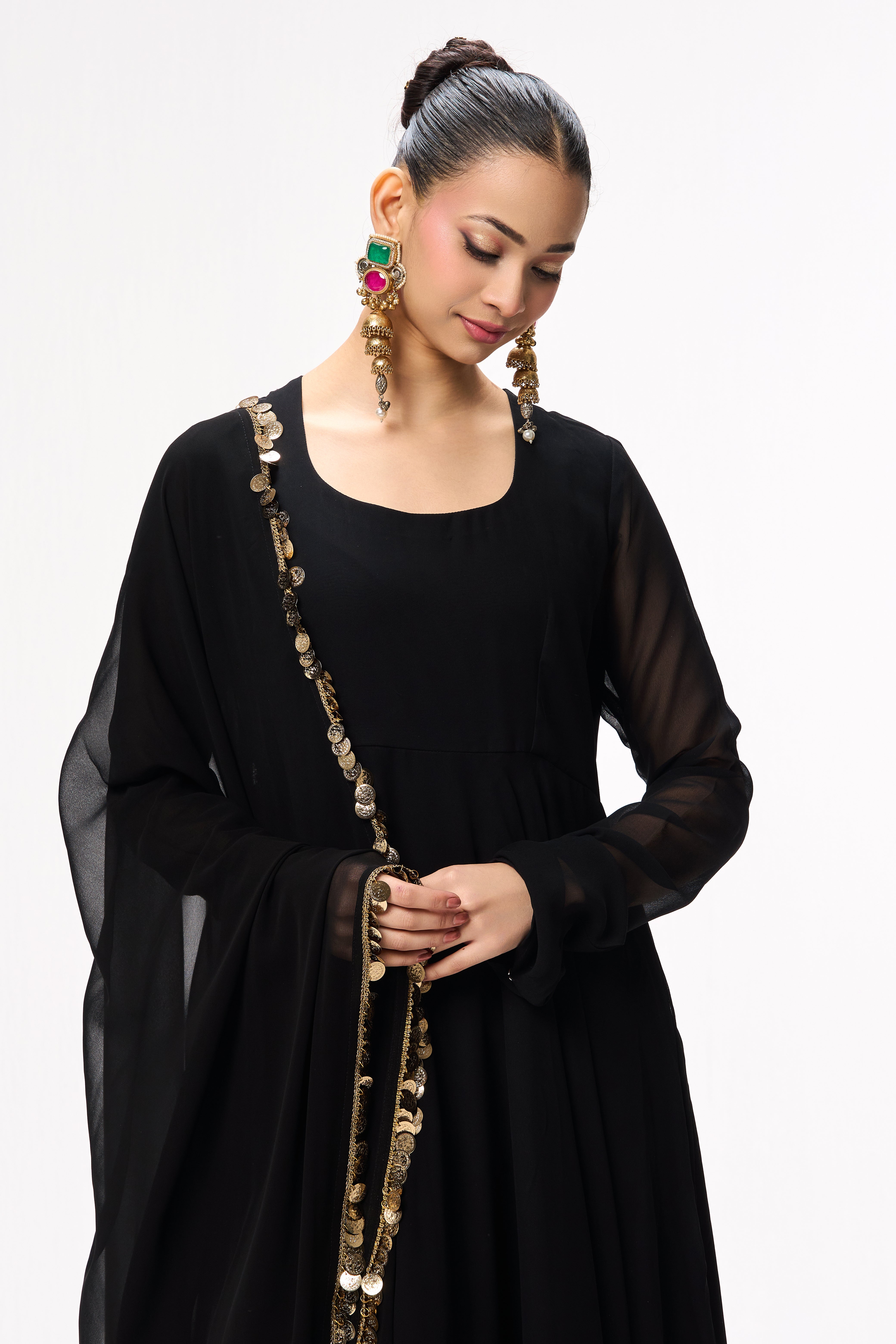 3 pc Suit Set - Black Magic Georgette Long Sleeve Anarkali Suit with Pants and Dupatta