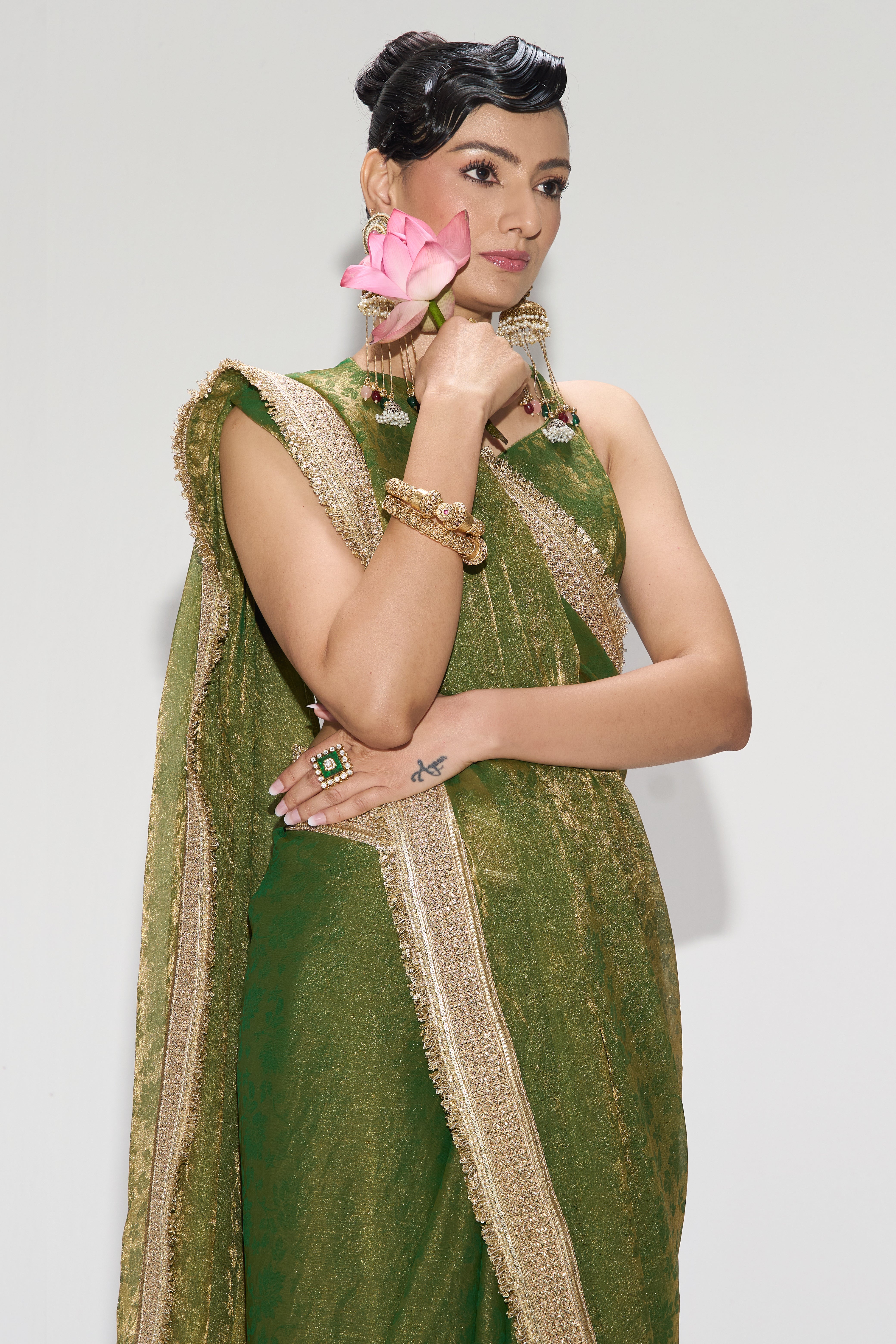 Mehndi Q'la Gold Chiffon Saree with Border and Self Blouse Fabric