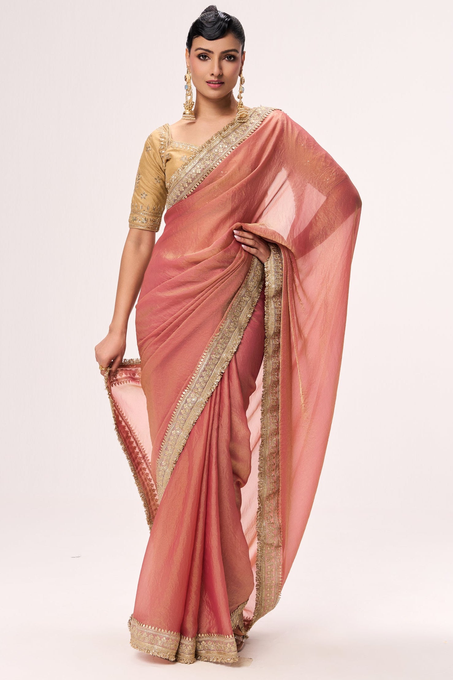 Dusky Peach Gold Metallic Chiffon Saree with Border and Sabya Cream Embroidered Stitched Blouse