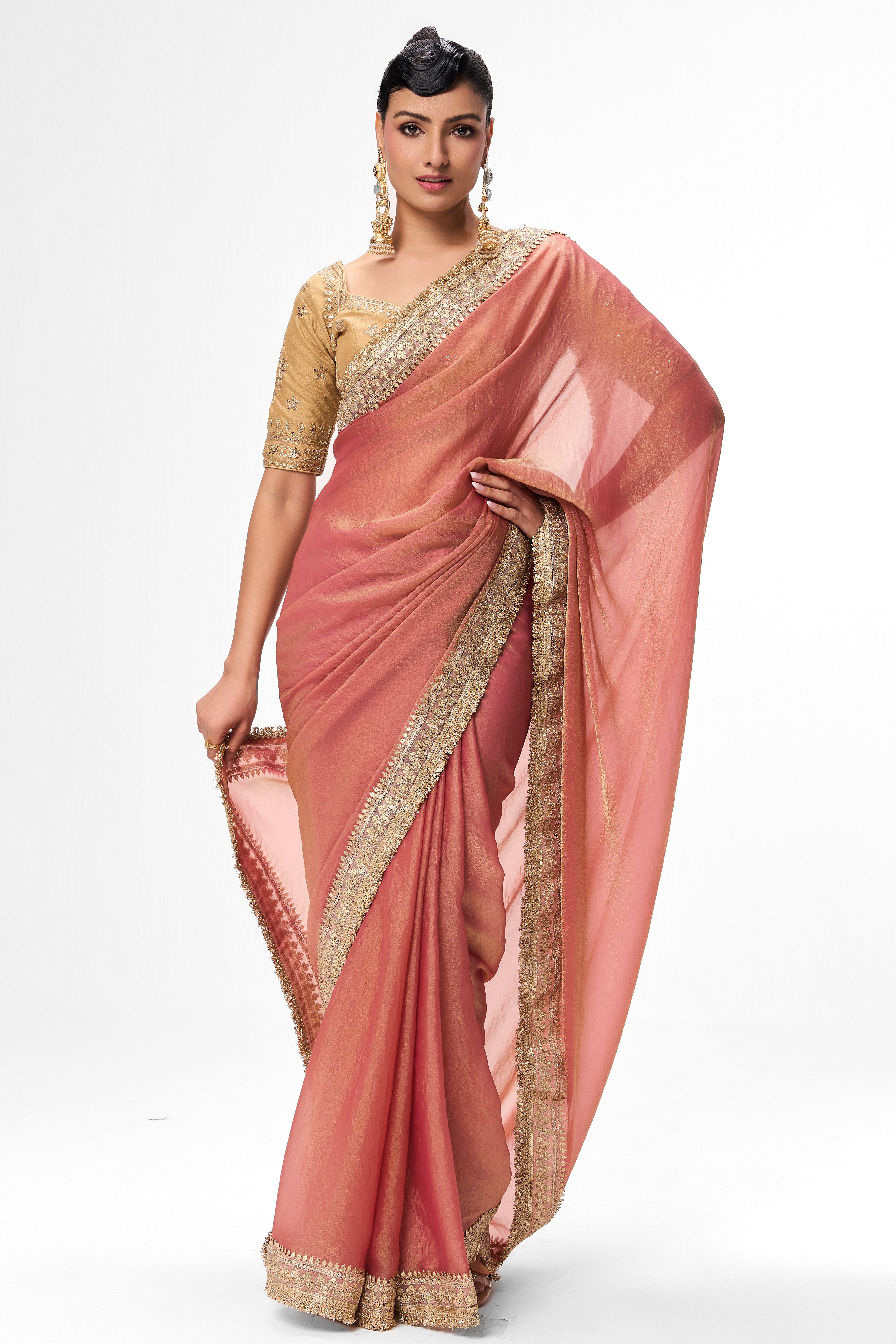 Dusky Peach Gold Metallic Chiffon Saree with Border and Sabya Cream Embroidered Stitched Blouse