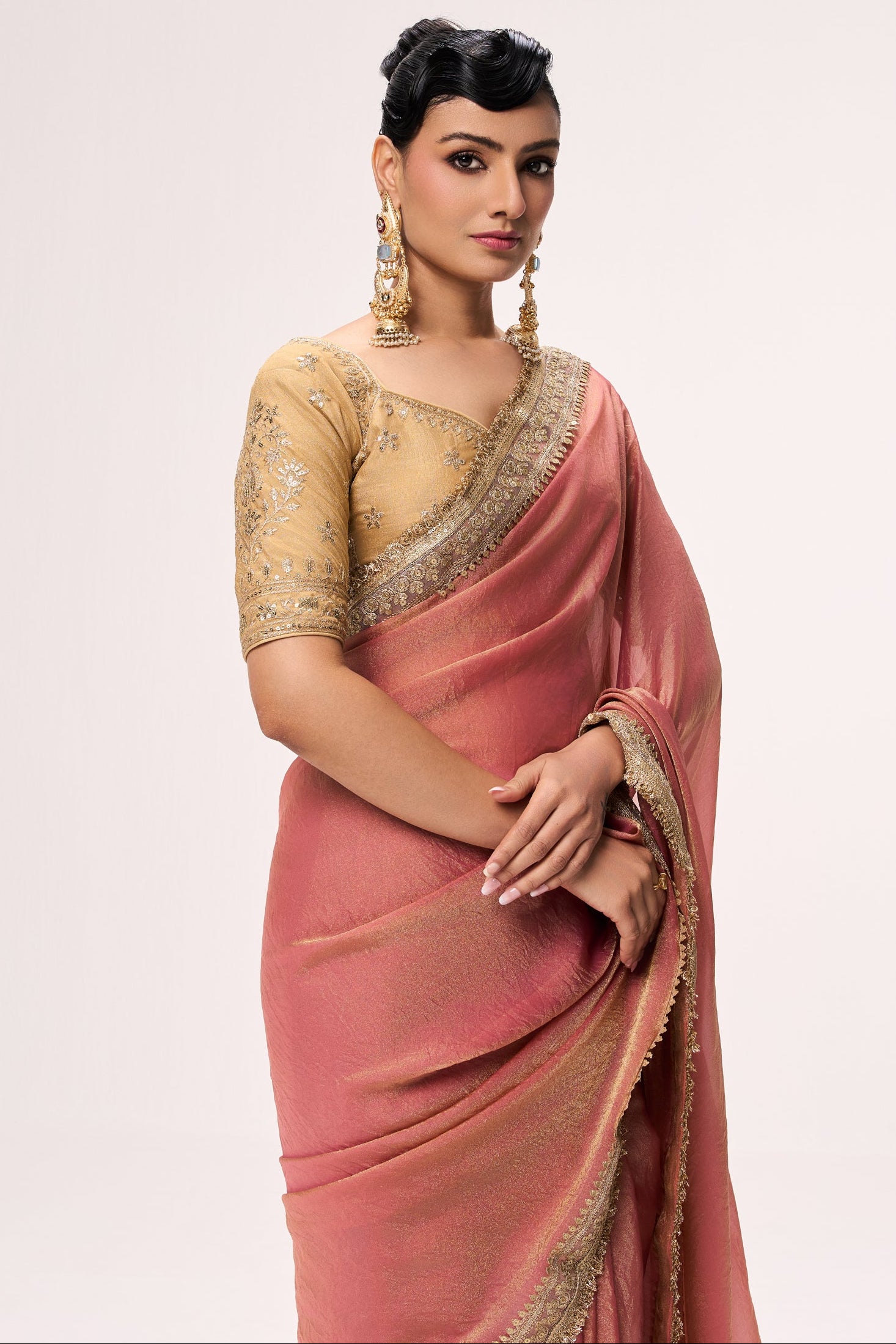 Dusky Peach Gold Metallic Chiffon Saree with Border and Sabya Cream Embroidered Stitched Blouse
