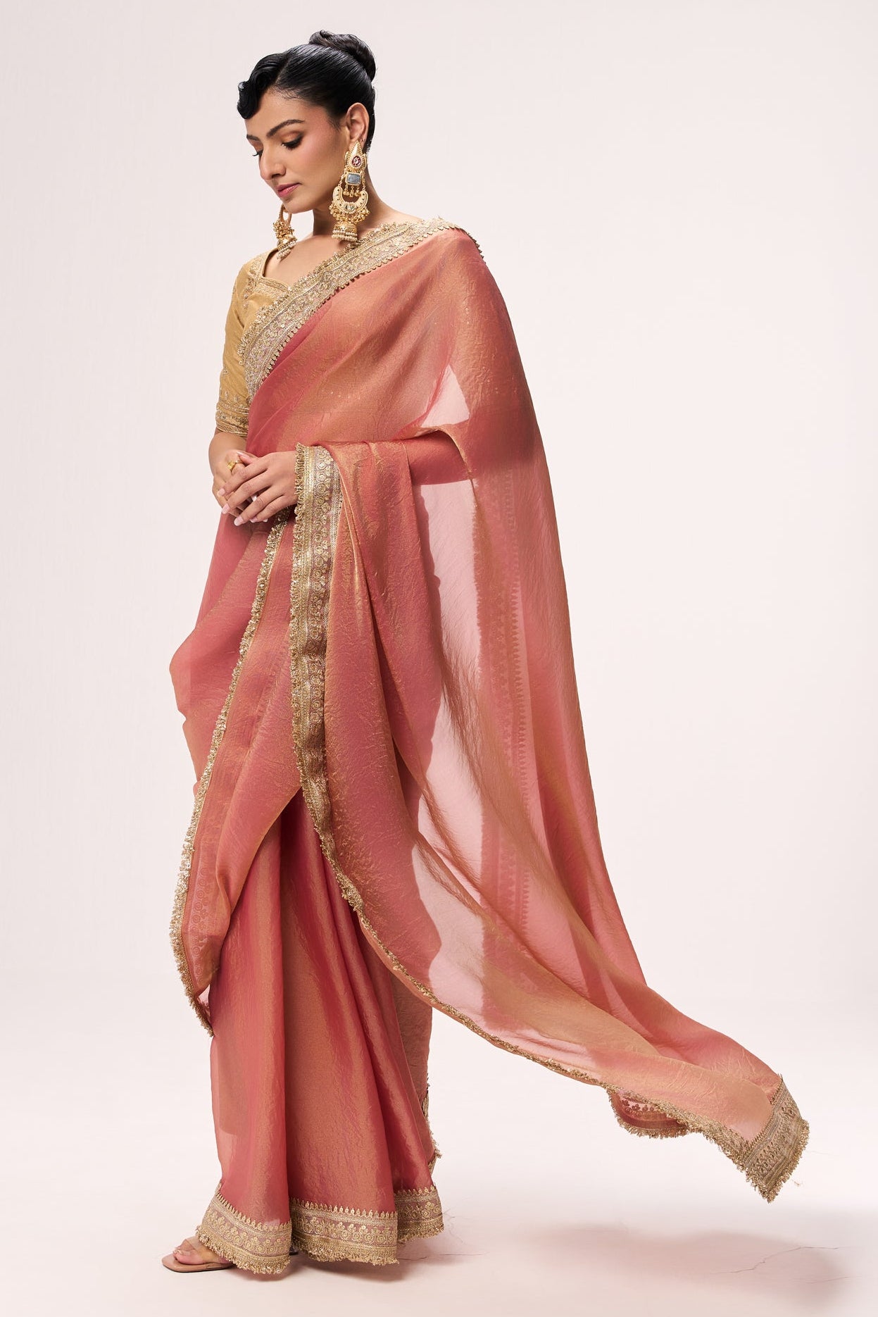 Dusky Peach Gold Metallic Chiffon Saree with Border and Sabya Cream Embroidered Stitched Blouse