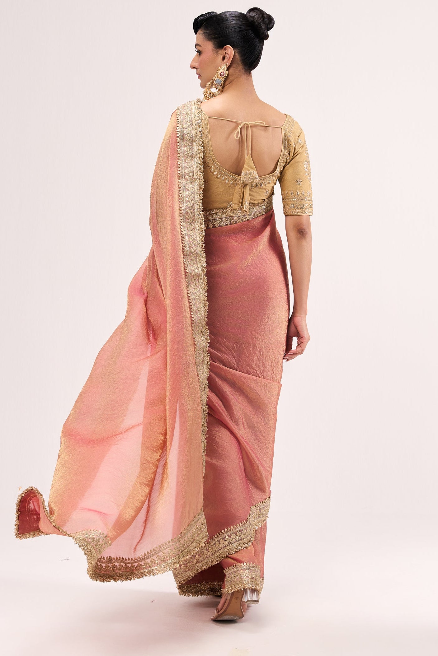 Dusky Peach Gold Metallic Chiffon Saree with Border and Sabya Cream Embroidered Stitched Blouse