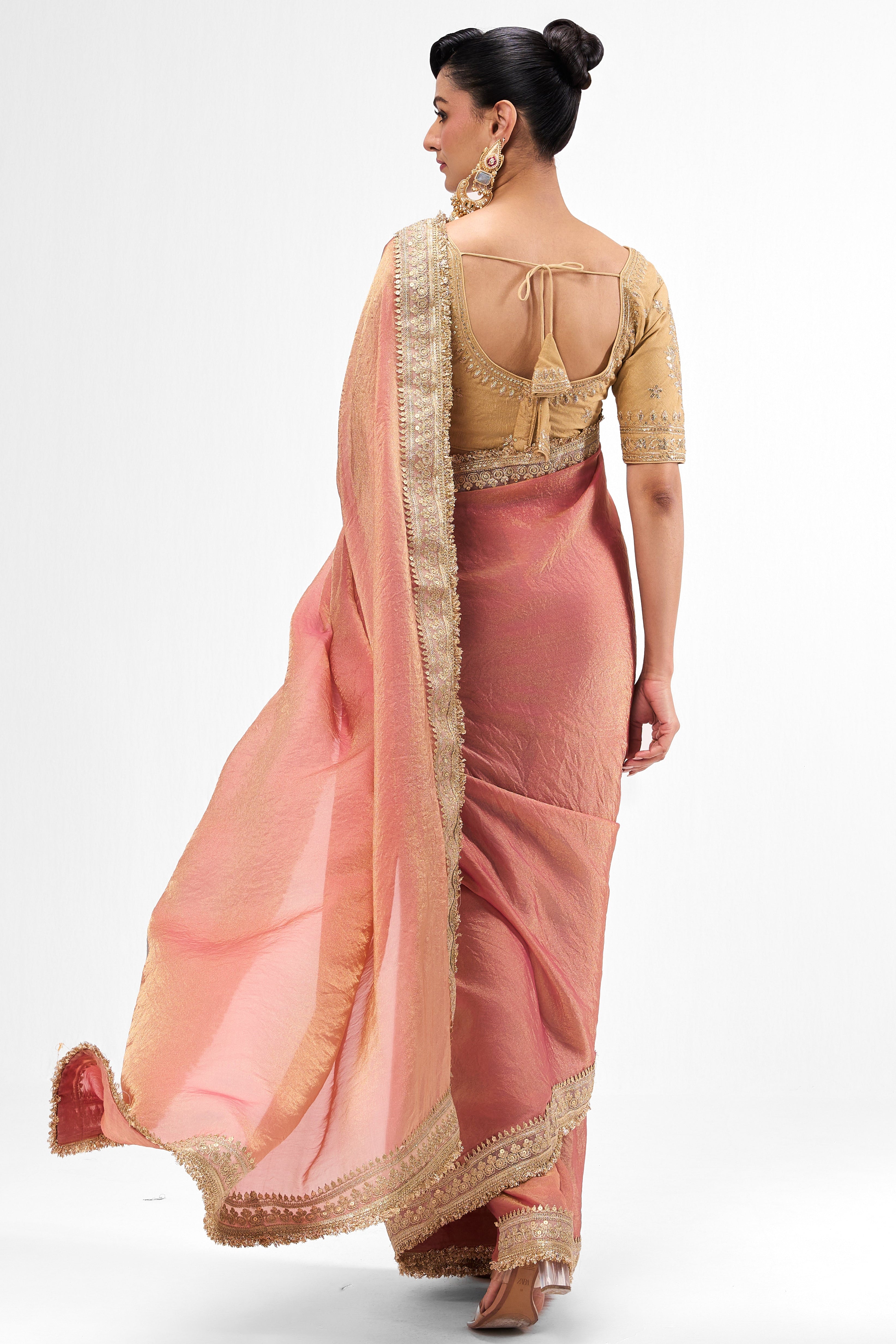 With Readymade Blouse - Dusky Peach Gold Metallic Chiffon Saree with Border and Sabya Cream Embroidered Stitched Blouse