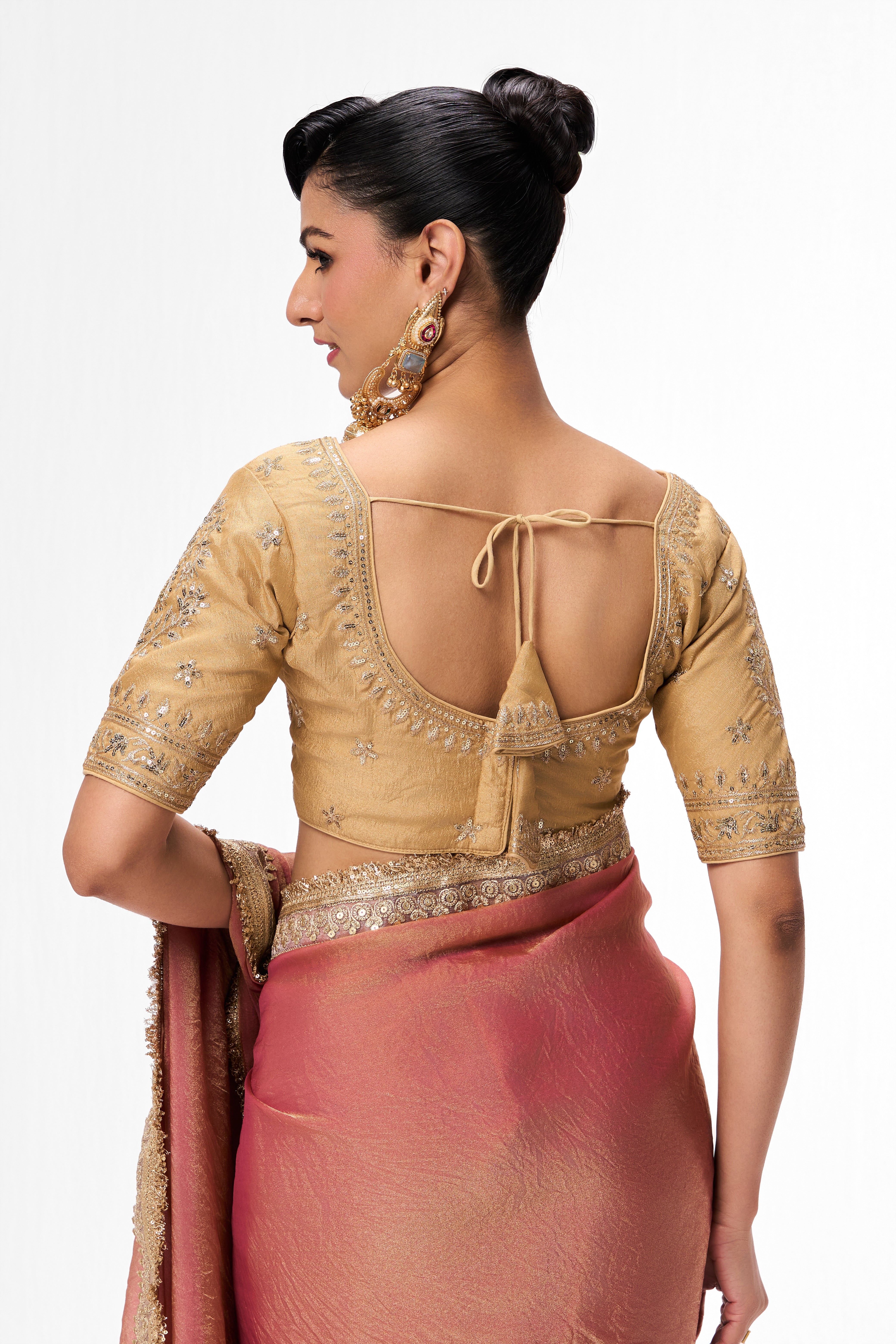 With Readymade Blouse - Dusky Peach Gold Metallic Chiffon Saree with Border and Sabya Cream Embroidered Stitched Blouse