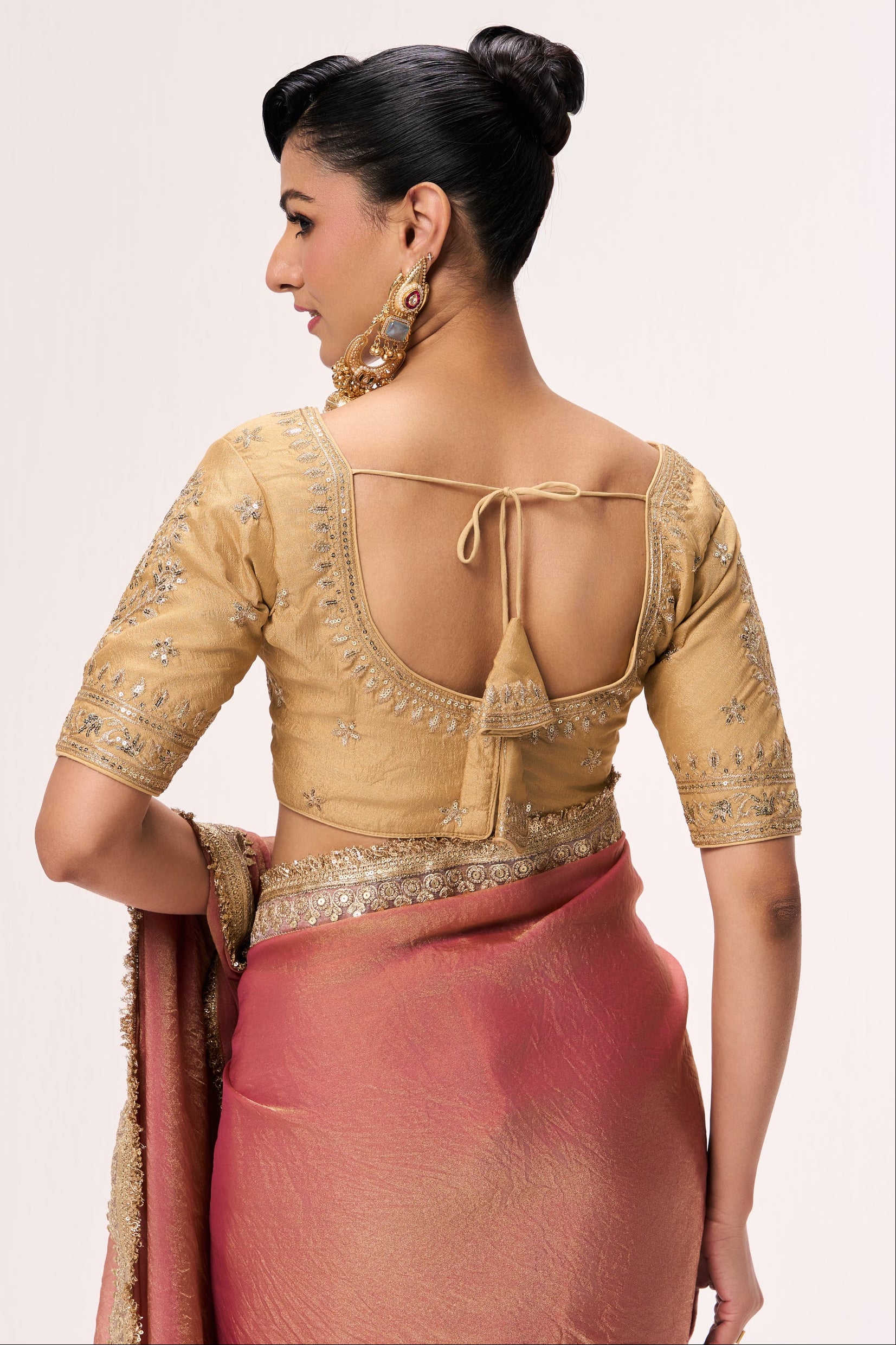 Dusky Peach Gold Metallic Chiffon Saree with Border and Sabya Cream Embroidered Stitched Blouse