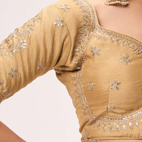 Dusky Peach Gold Metallic Chiffon Saree with Border and Sabya Cream Embroidered Stitched Blouse