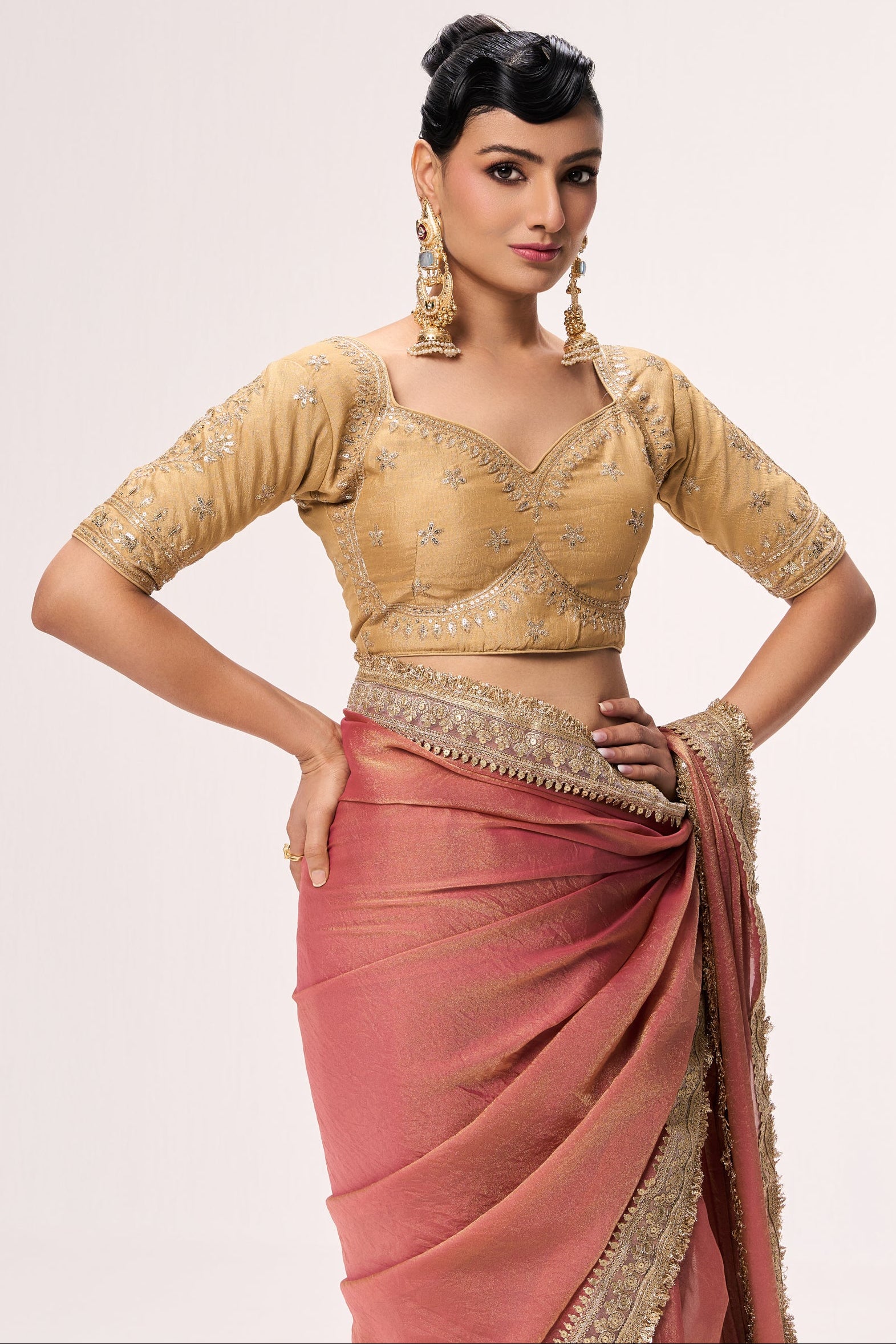 Dusky Peach Gold Metallic Chiffon Saree with Border and Sabya Cream Embroidered Stitched Blouse