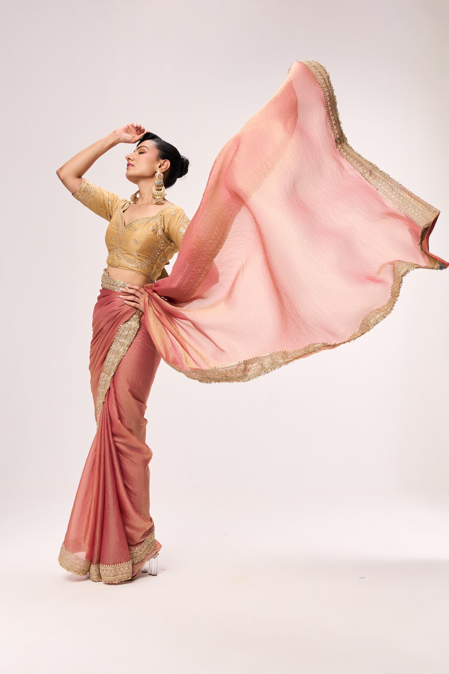 Dusky Peach Gold Metallic Chiffon Saree with Border and Sabya Cream Embroidered Stitched Blouse