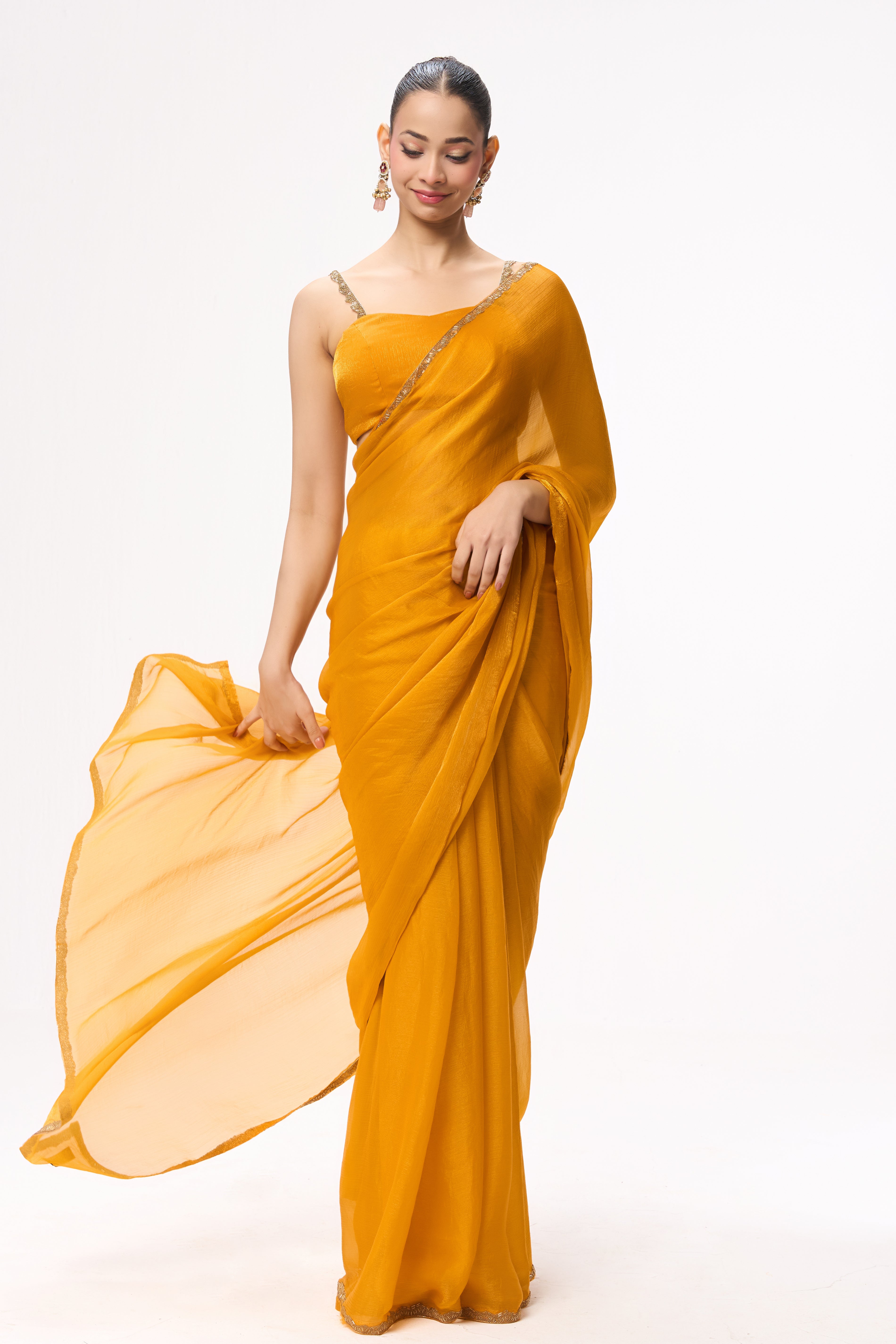 Yellow Gold Border Metallic Satin Saree with Blouse Fabric