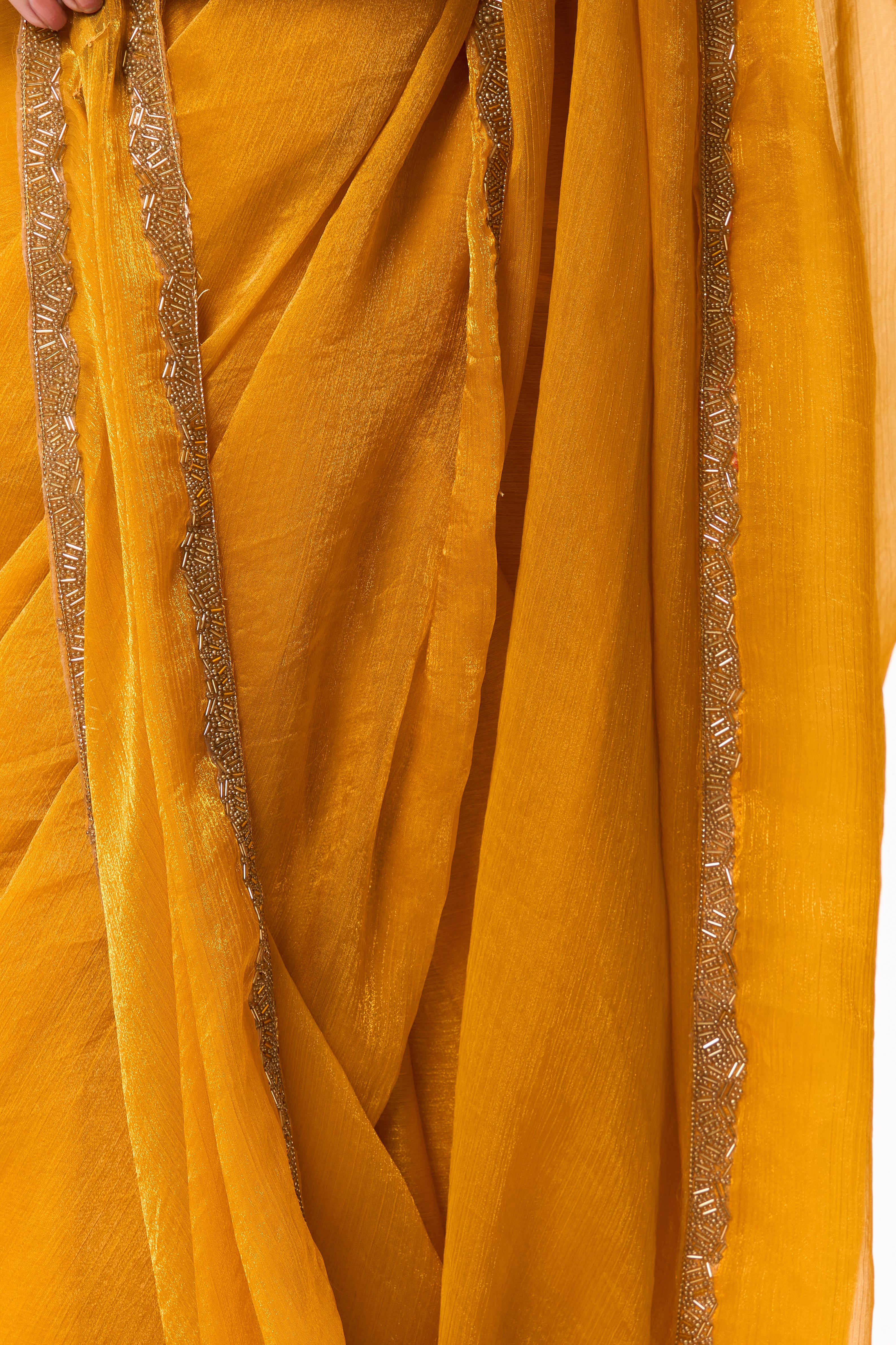 Yellow Gold Border Metallic Satin Saree with Blouse Fabric