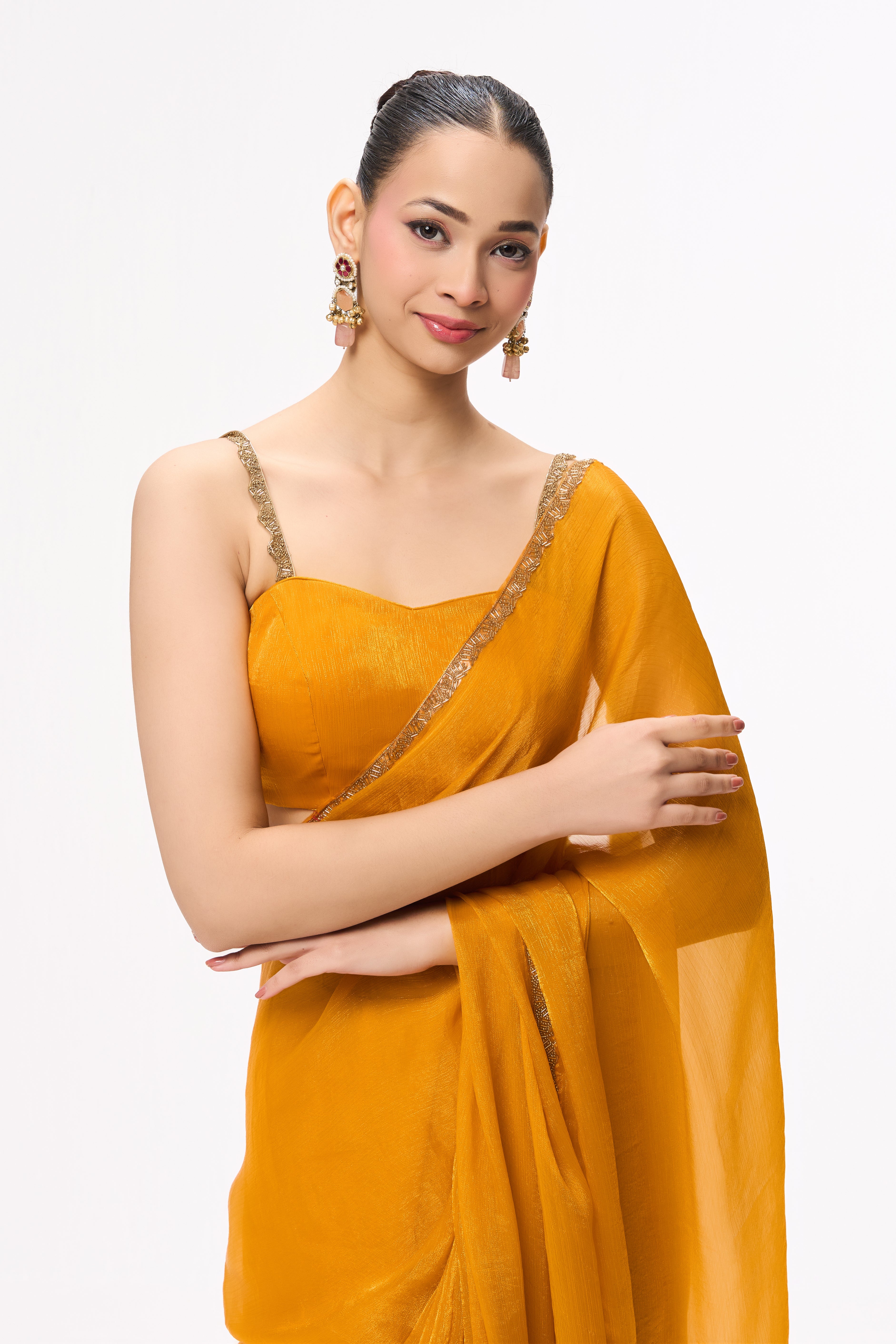 Yellow Gold Border Metallic Satin Saree with Blouse Fabric