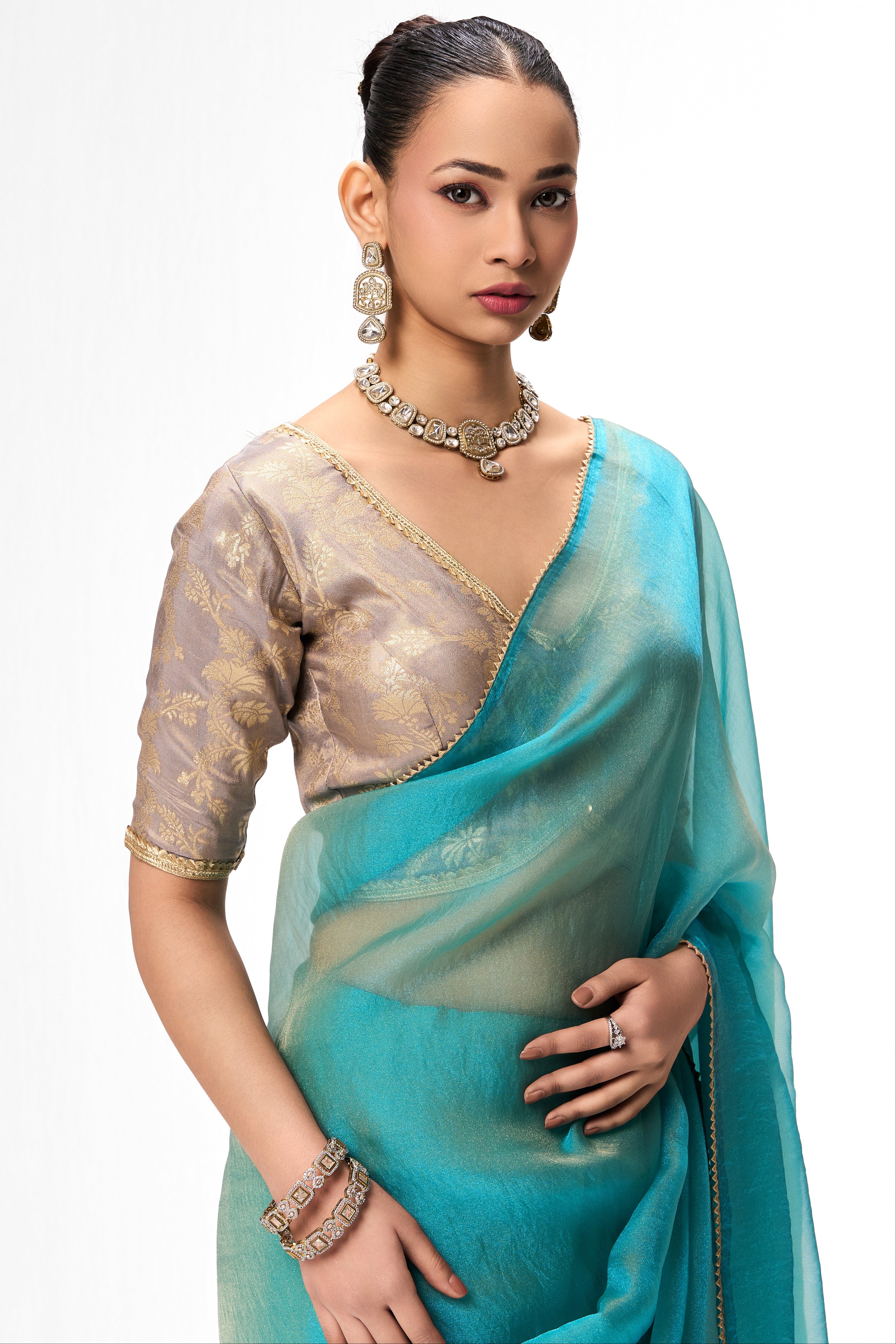 Aqua Blue Gold Chiffon Saree with Sabya Grey Gold Jacquard Readymade Blouse