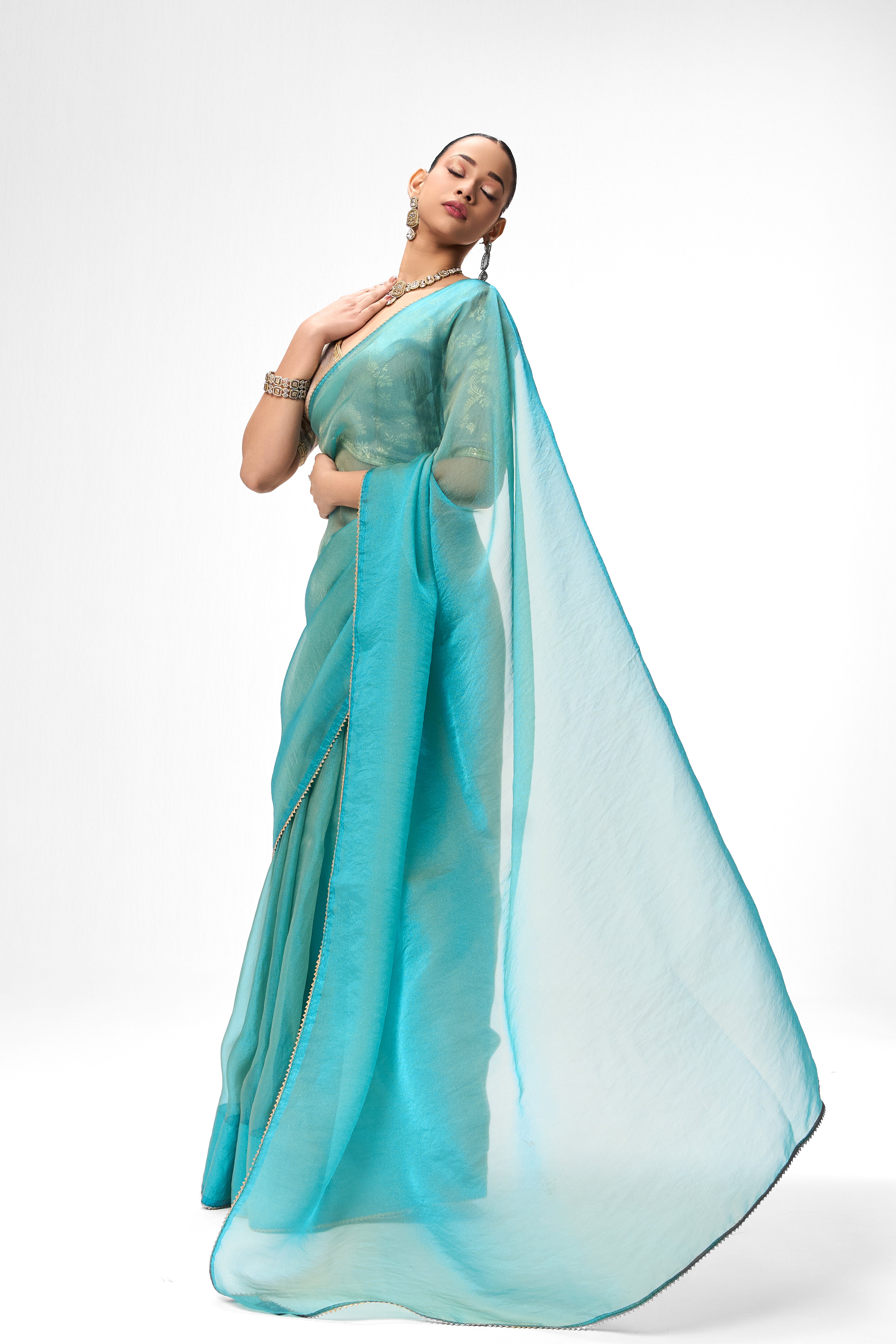 With Readymade Blouse - Aqua Blue Gold Chiffon Saree with Sabya Grey Gold Jacquard Readymade Blouse