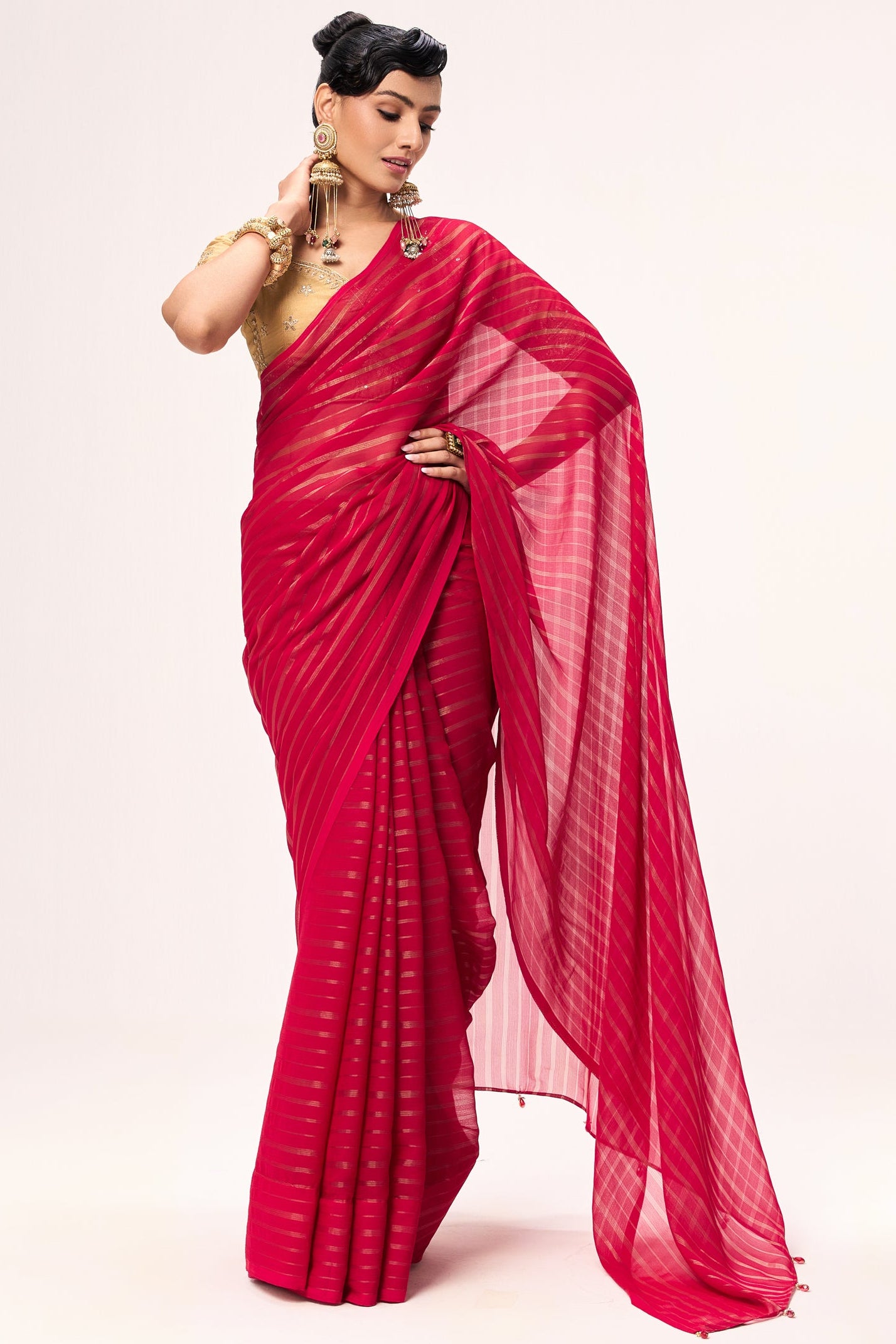 Pink Gold Stripes Chiffon Saree with Sabya Cream Embroidered Readymade Blouse