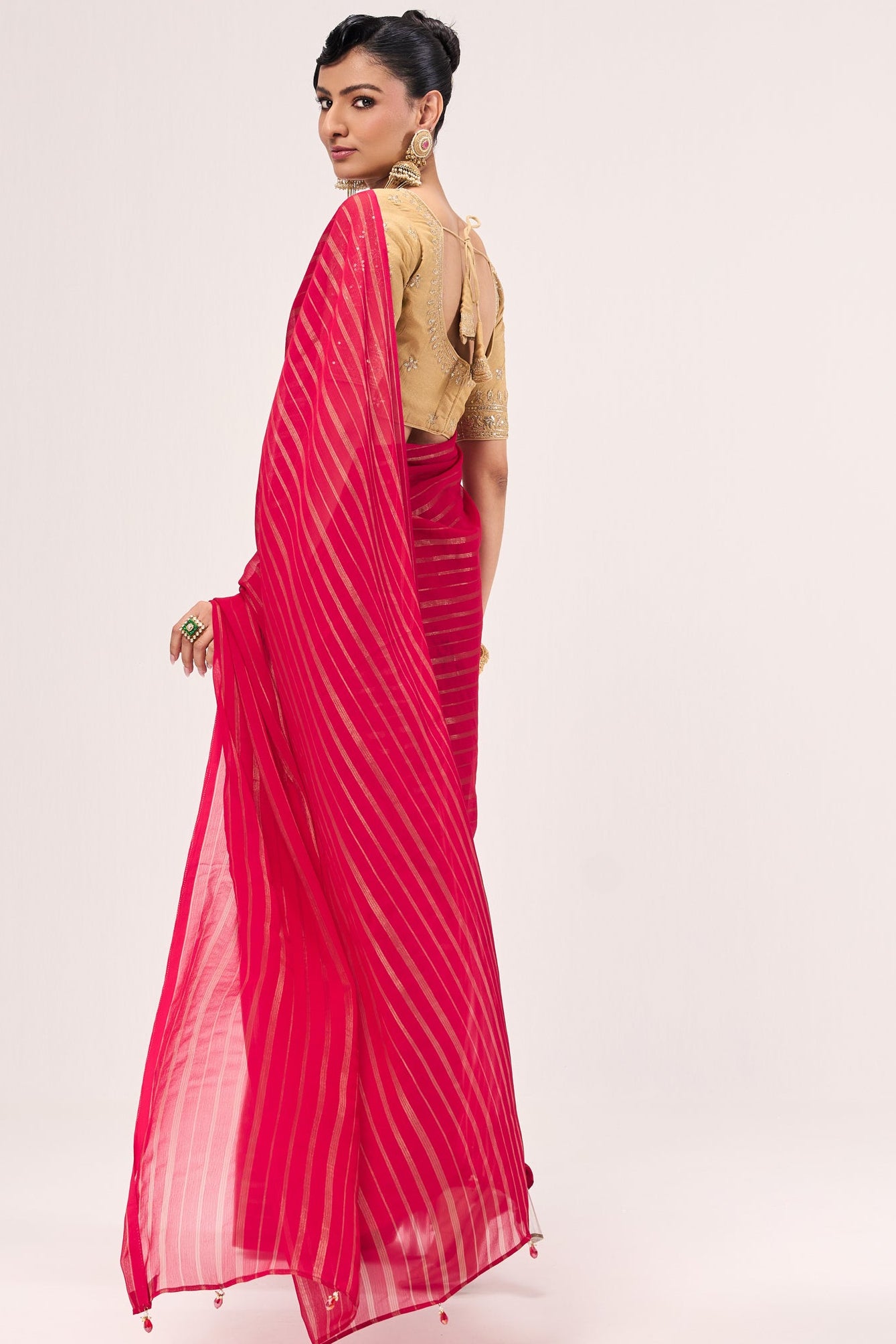 Pink Gold Stripes Chiffon Saree with Sabya Cream Embroidered Readymade Blouse