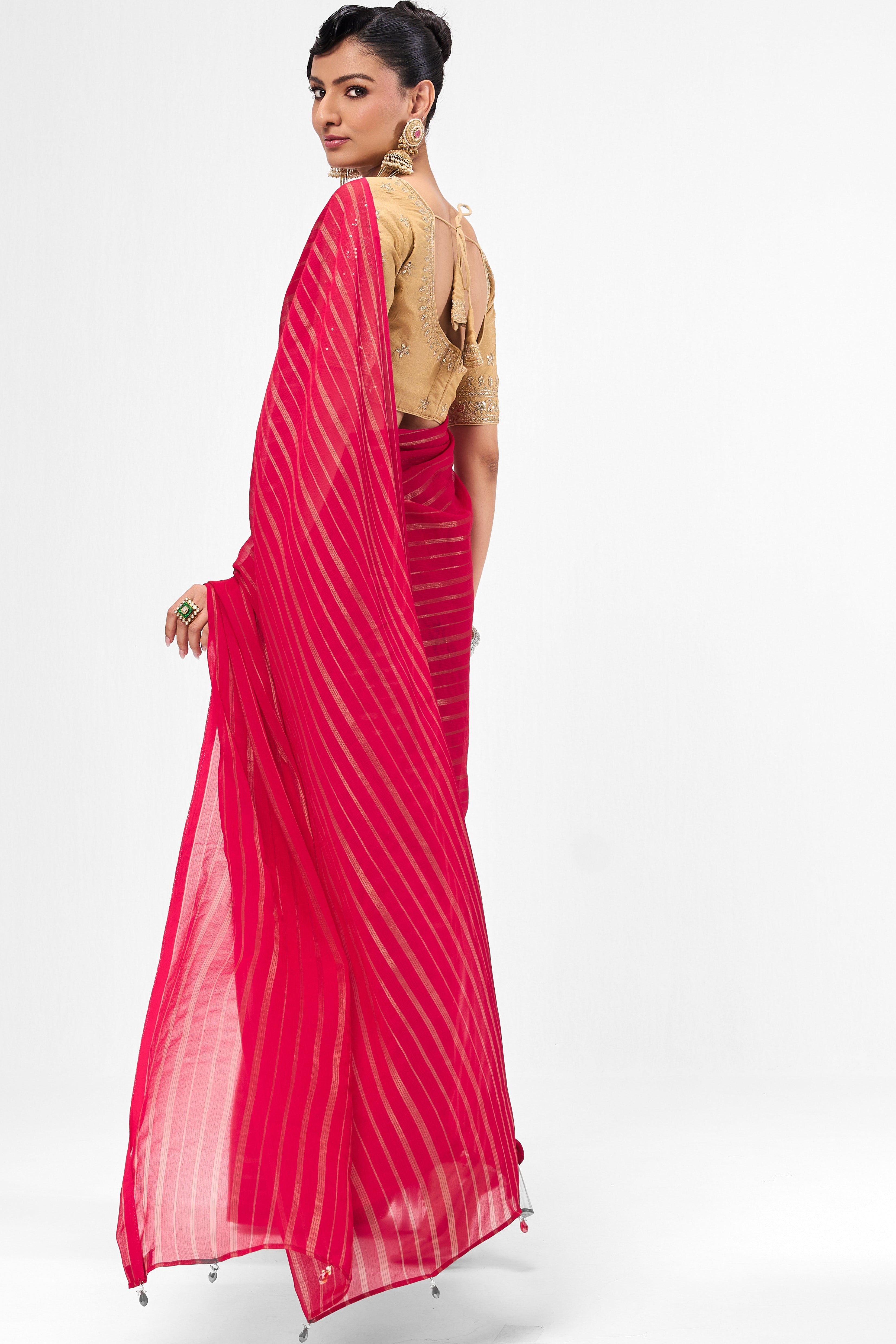 With Readymade Blouse - Pink Gold Stripes Chiffon Saree with Sabya Cream Embroidered Readymade Blouse