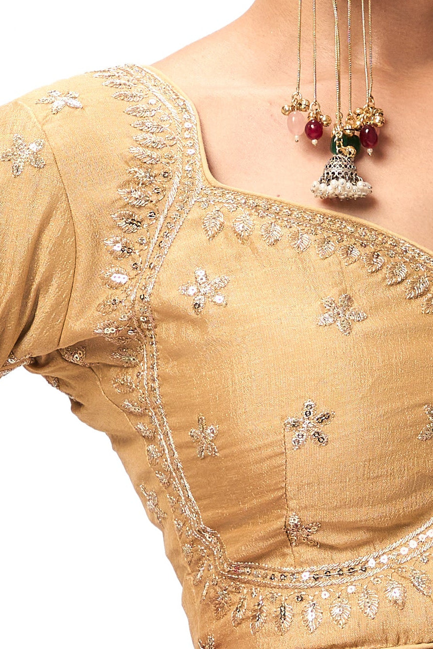 With Readymade Blouse - Pink Gold Stripes Chiffon Saree with Sabya Cream Embroidered Readymade Blouse