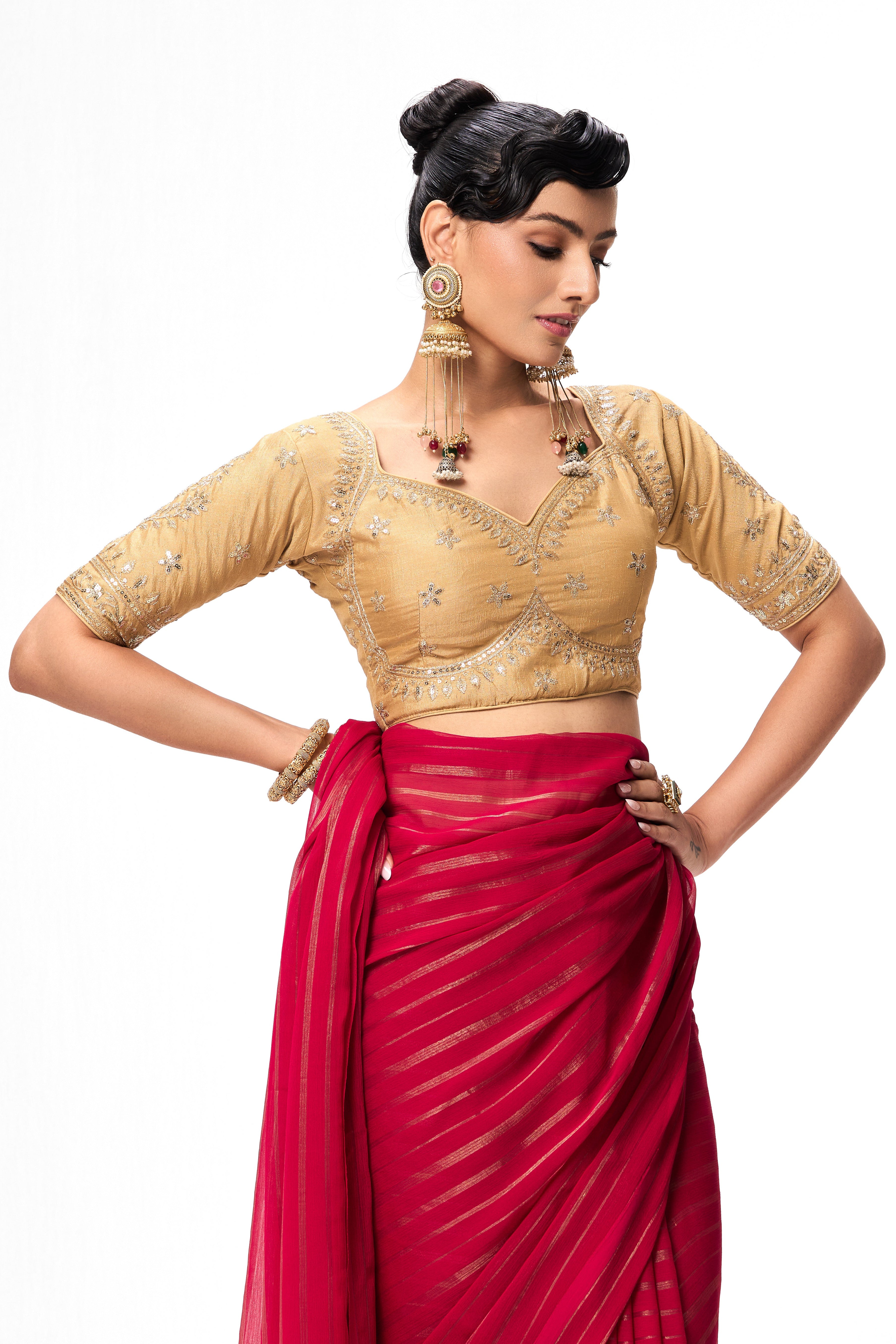 Cream Embroidered Sabya Blouse – Free-Size Adjustable 32 – 40 inches